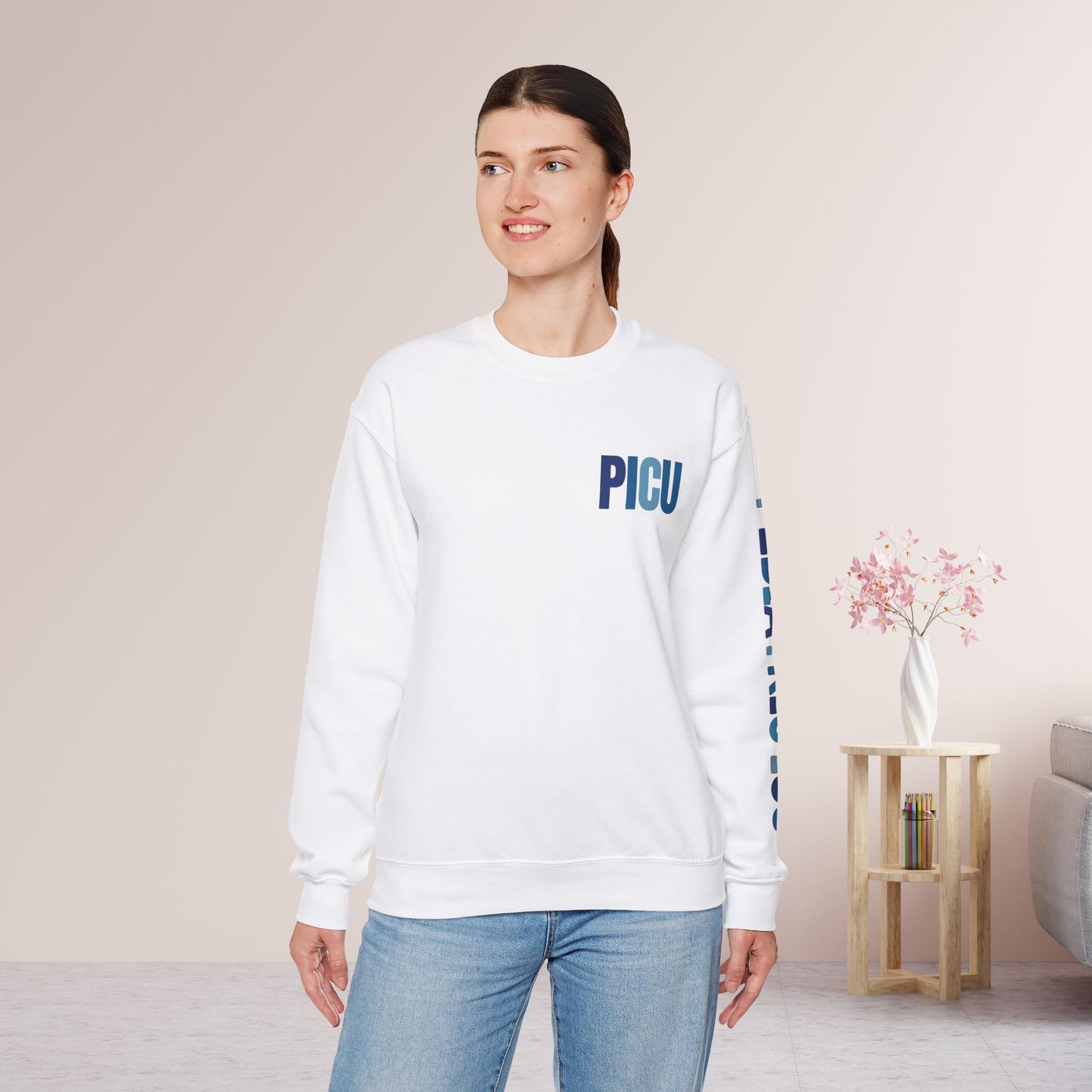 Trendy Blue PICU Sweatshirt with Sleeve Print - Pediatric ICU Crewneck
