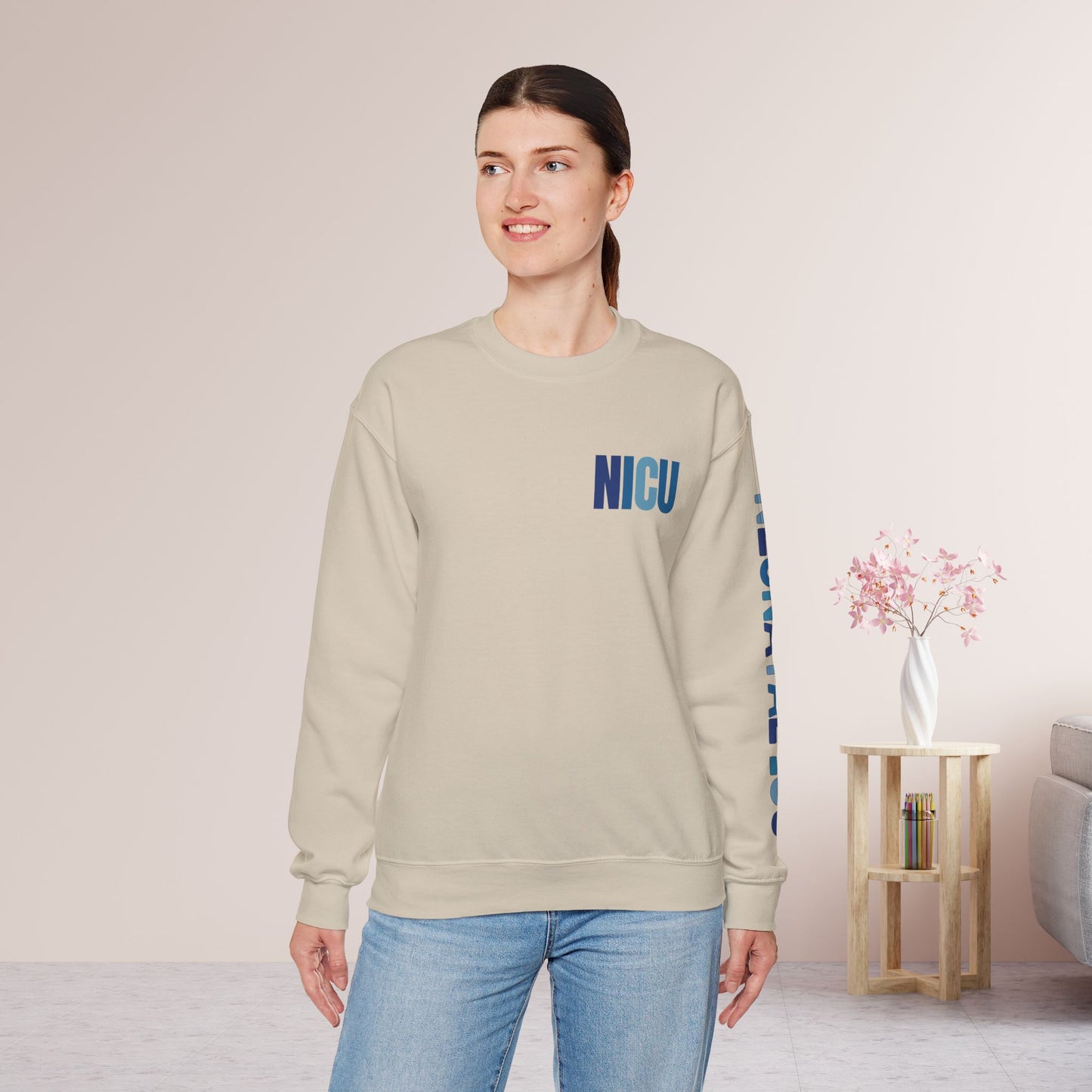 Trendy Blue NICU Sweatshirt with Sleeve Print - Neonatal ICU Crewneck