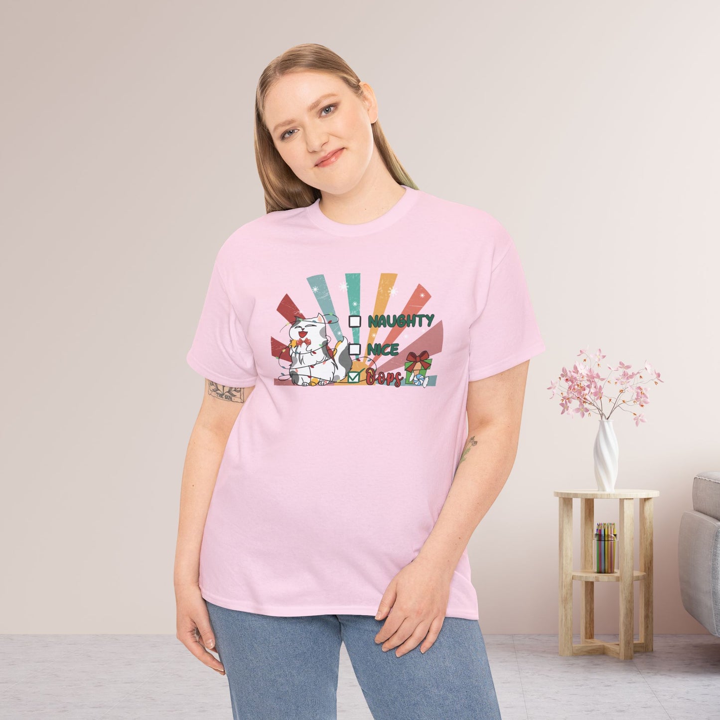 Naughty Nice Oops Funny Cat Christmas Heavy Cotton Tee - Cat Lovers Christmas Gift