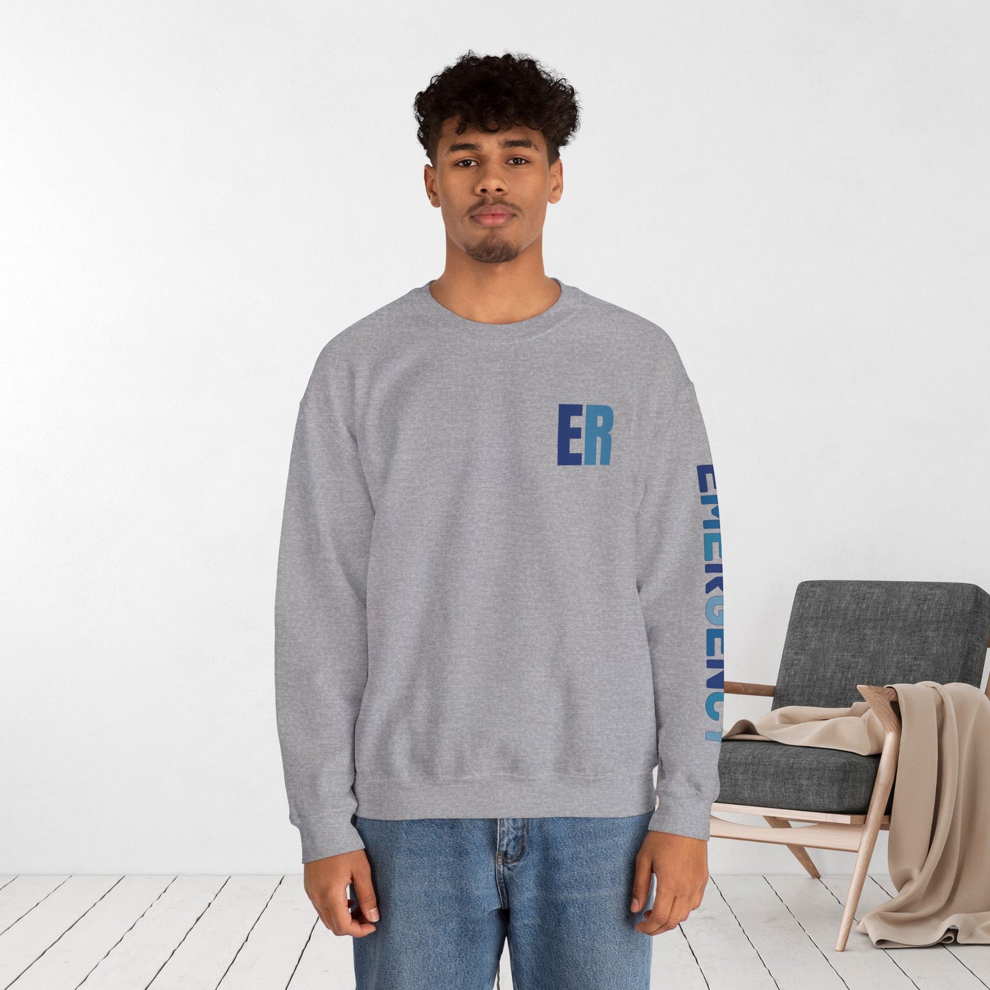 Trendy Blue ER Sweatshirt with Sleeve Print - Emergency Room Crewneck
