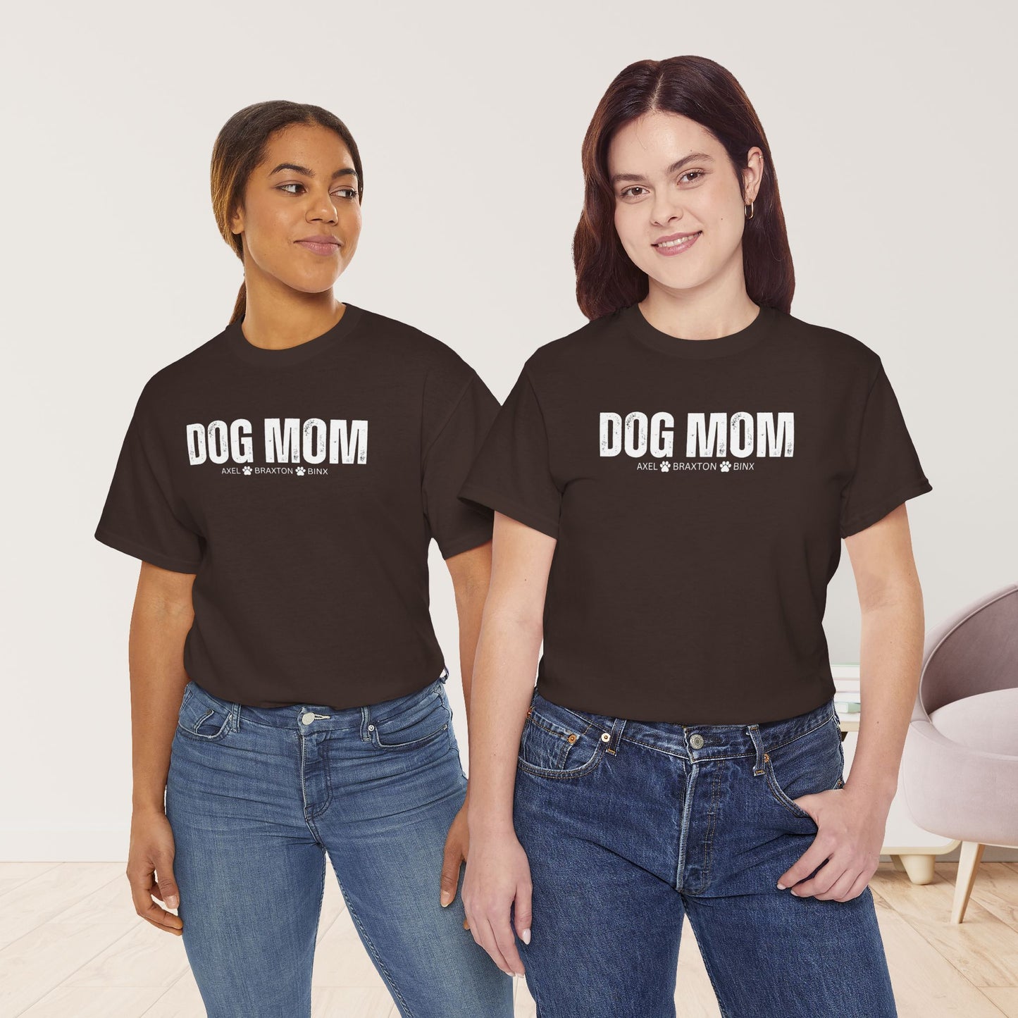 Custom Dog Mom Heavy Cotton Tee with Dogs Name - Personalized Dog Lover Gift