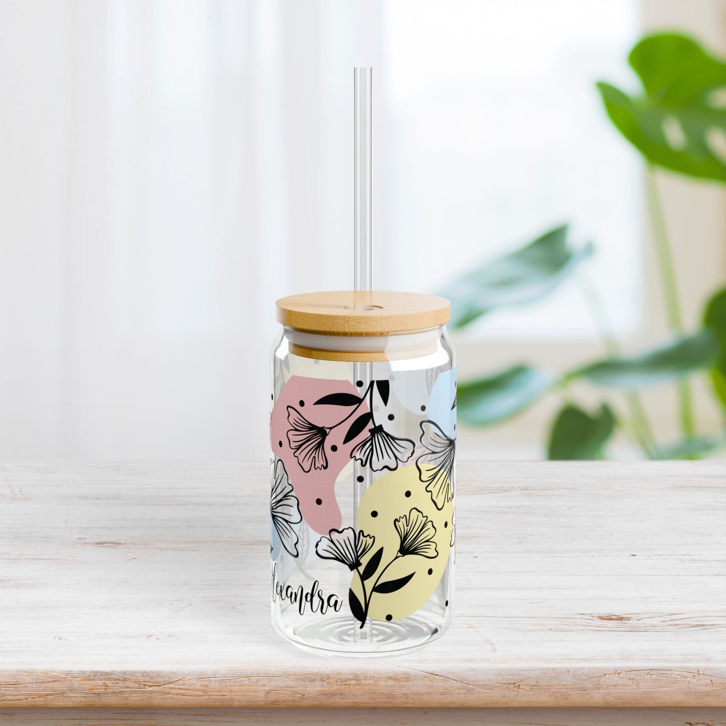 Boho Personalized Floral Sipper Glass with First Name - Custom Name Gifts A-Z