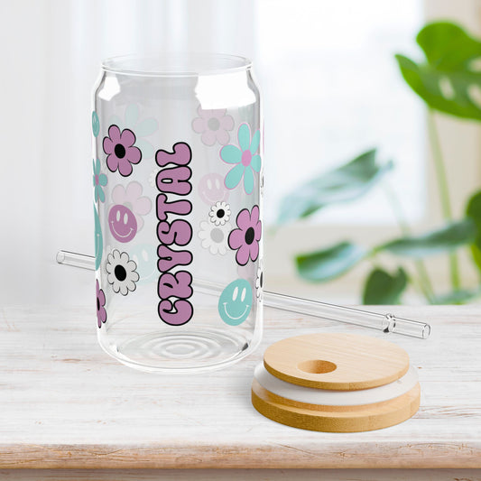 Groovy Personalized Floral Sipper Glass with First Name - Custom Name Gifts A-Z