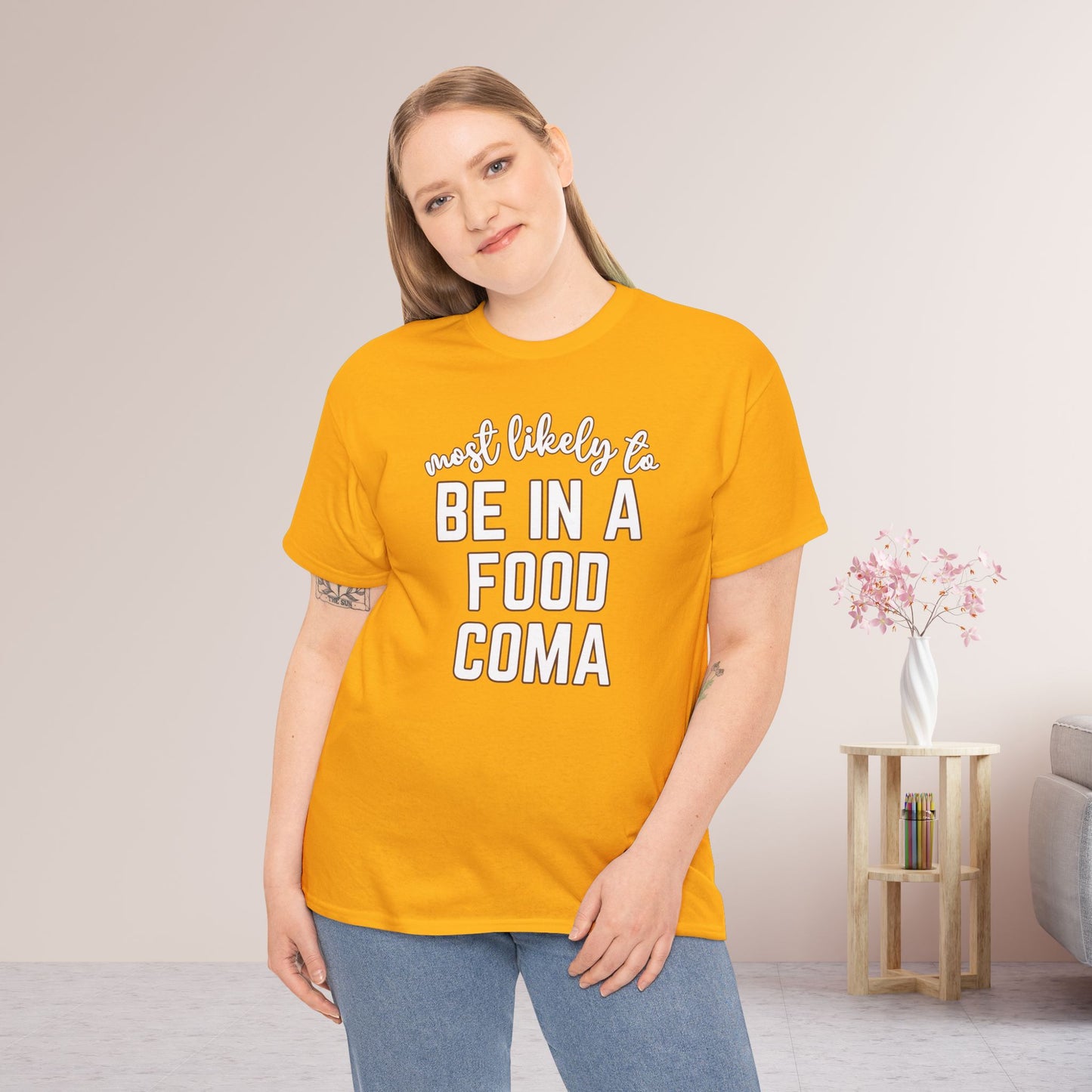 Funny Thanksgiving T-shirt - Most Likely to Be in a Food Coma Heavy Cotton Tee