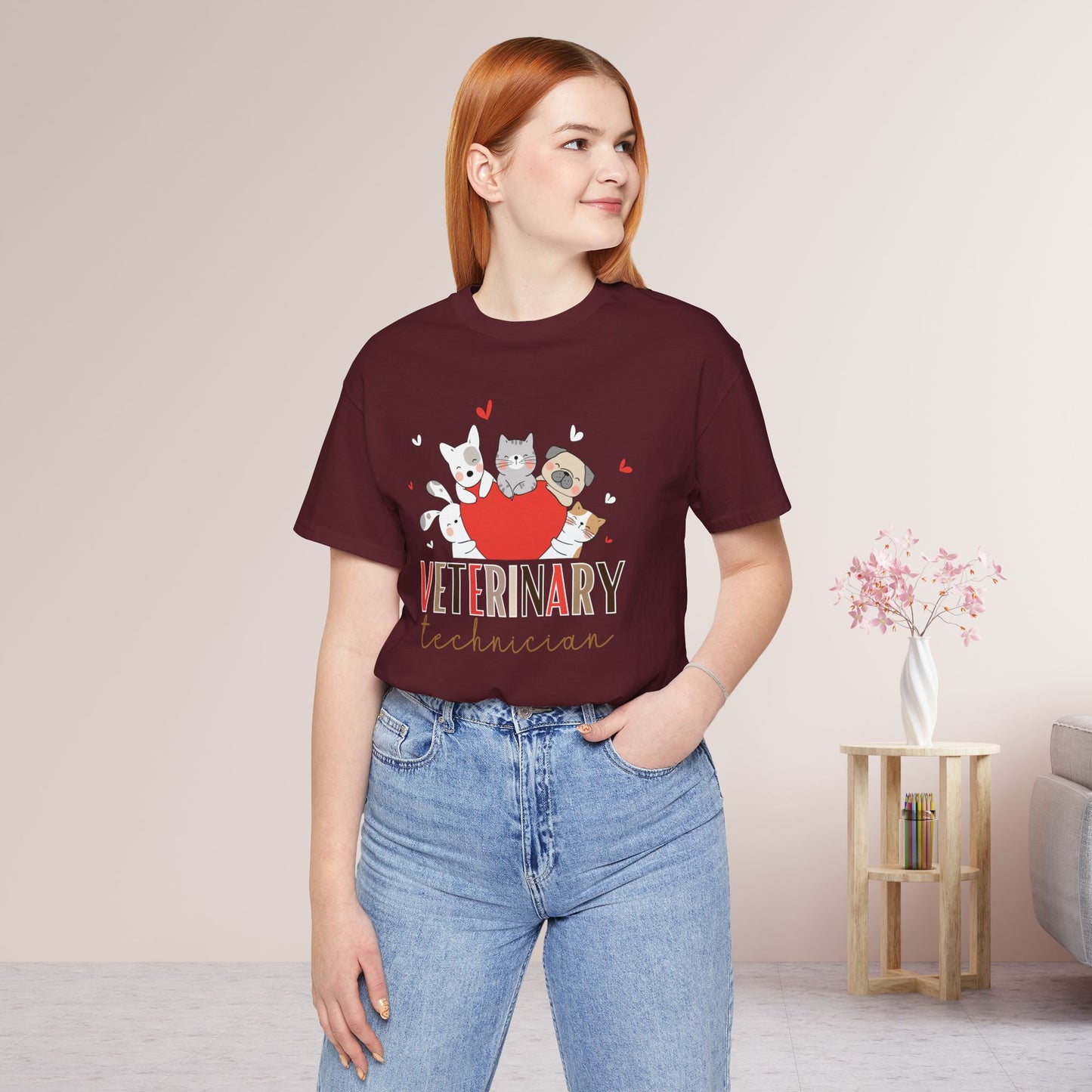 Cute Veterinary Technician Soft Cotton Tee with Dogs and Cats for VET Technician