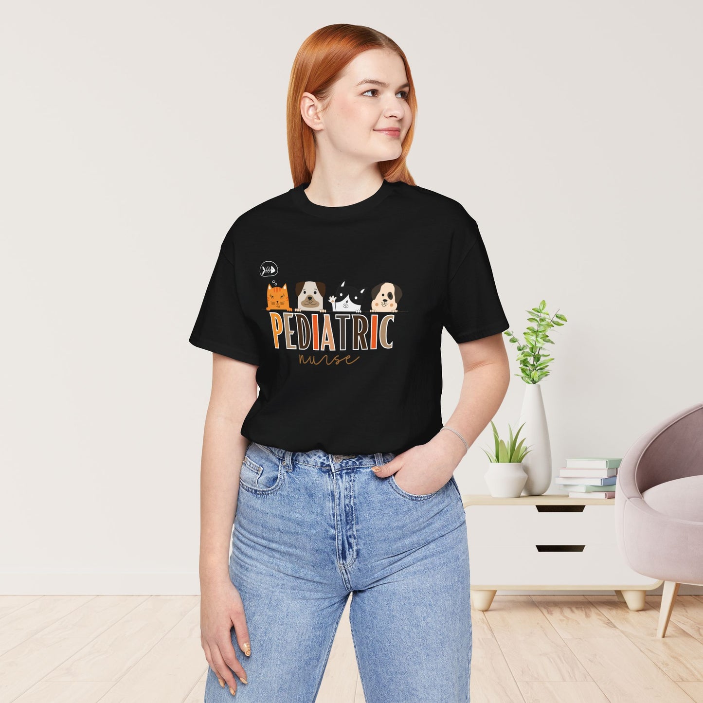 Cute Pediatric Nurse Soft Cotton Tee with Dogs and Cats for PEDS Nurse