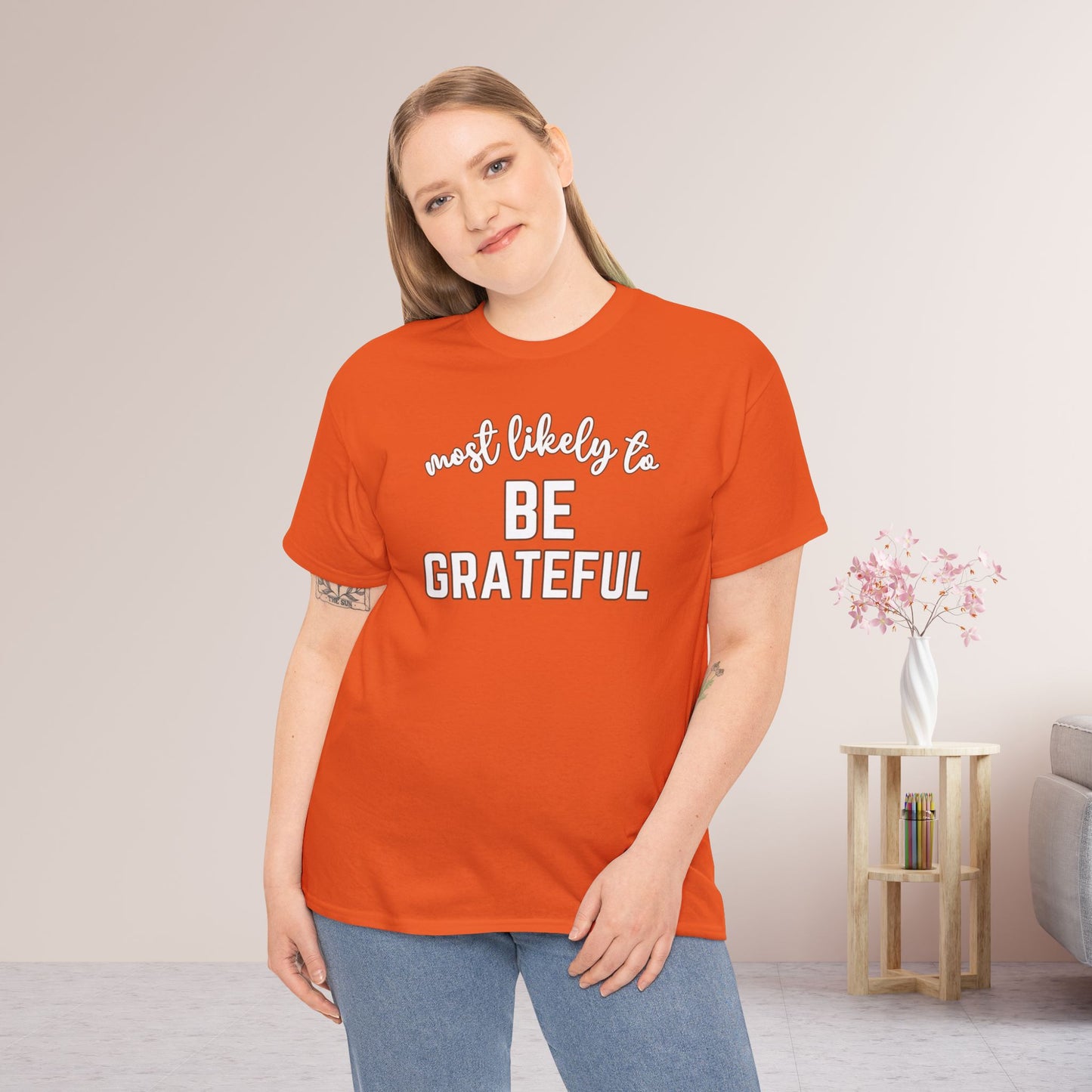 Funny Thanksgiving Shirt - Most Likely to Be Grateful Heavy Cotton Tee