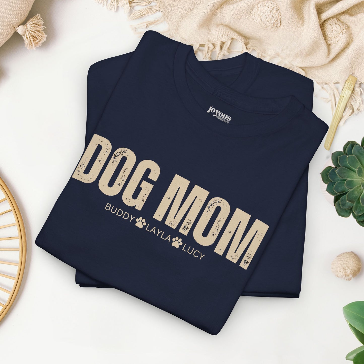 Custom Dog Mom Heavy Cotton Tee with Dogs Name - Personalized Dog Lover Gift