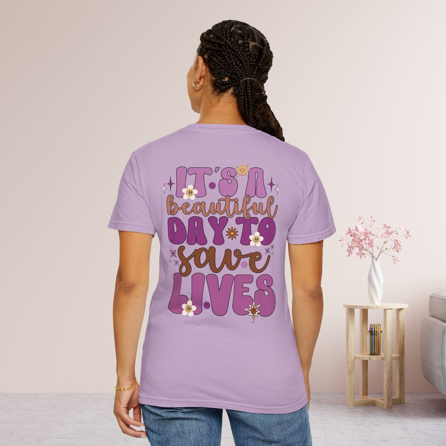 Comfort Colors Purple Groovy Nurse Shirt - It's a Beautiful Day to Save Lives Tee