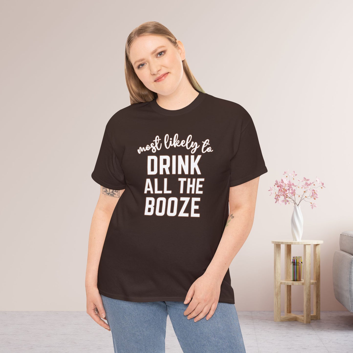 Funny Thanksgiving Shirt - Most Likely to Drink All The Booze Heavy Cotton Tee