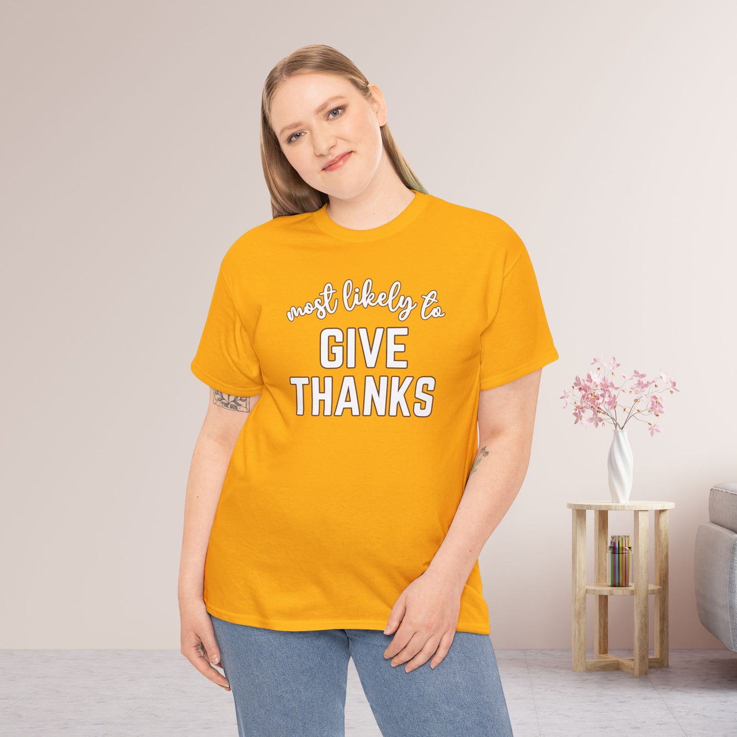 Funny Thanksgiving Shirt - Most Likely To Give Thanks Heavy Cotton Tee