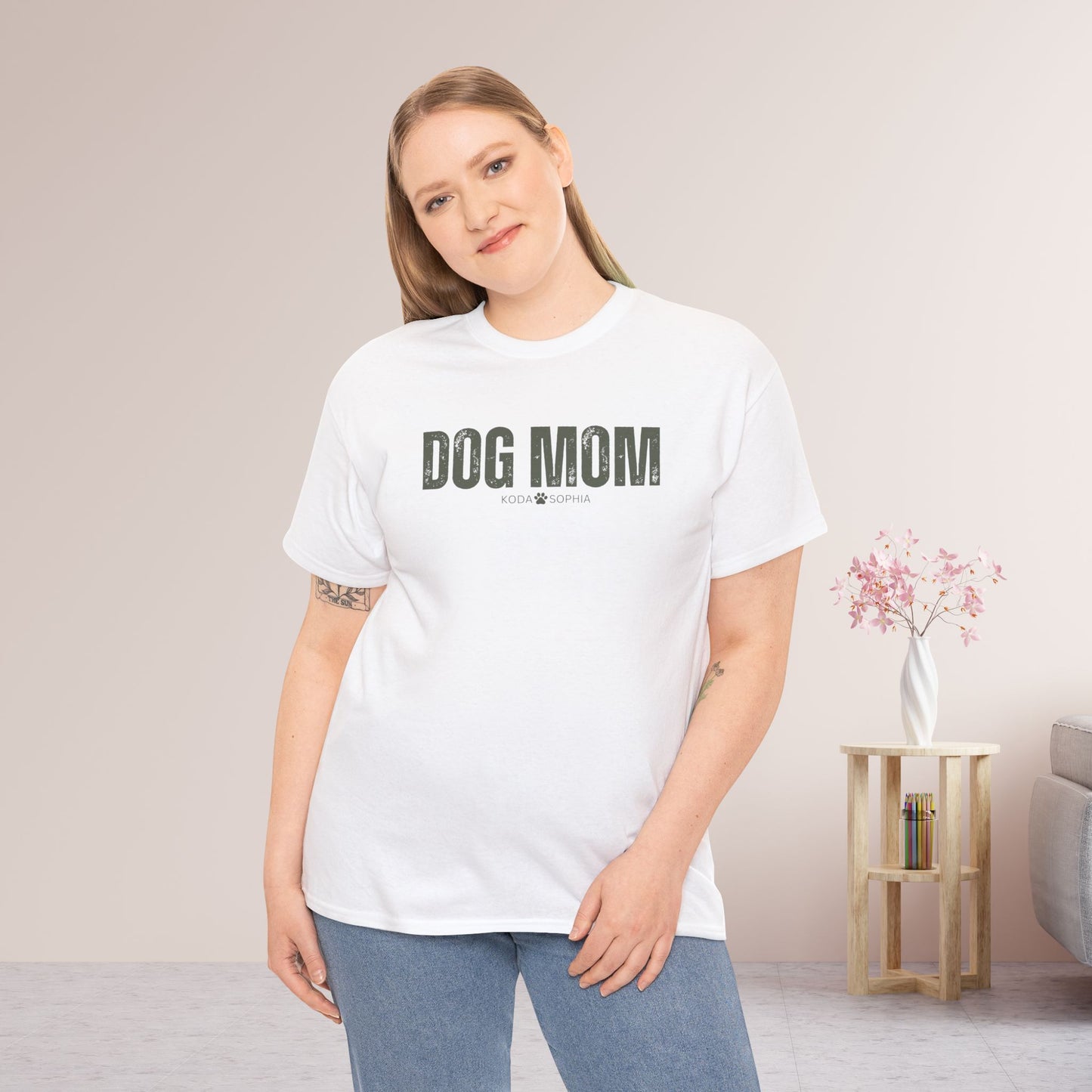 Custom Dog Mom Heavy Cotton Tee with Dogs Name - Personalized Dog Lover Gift