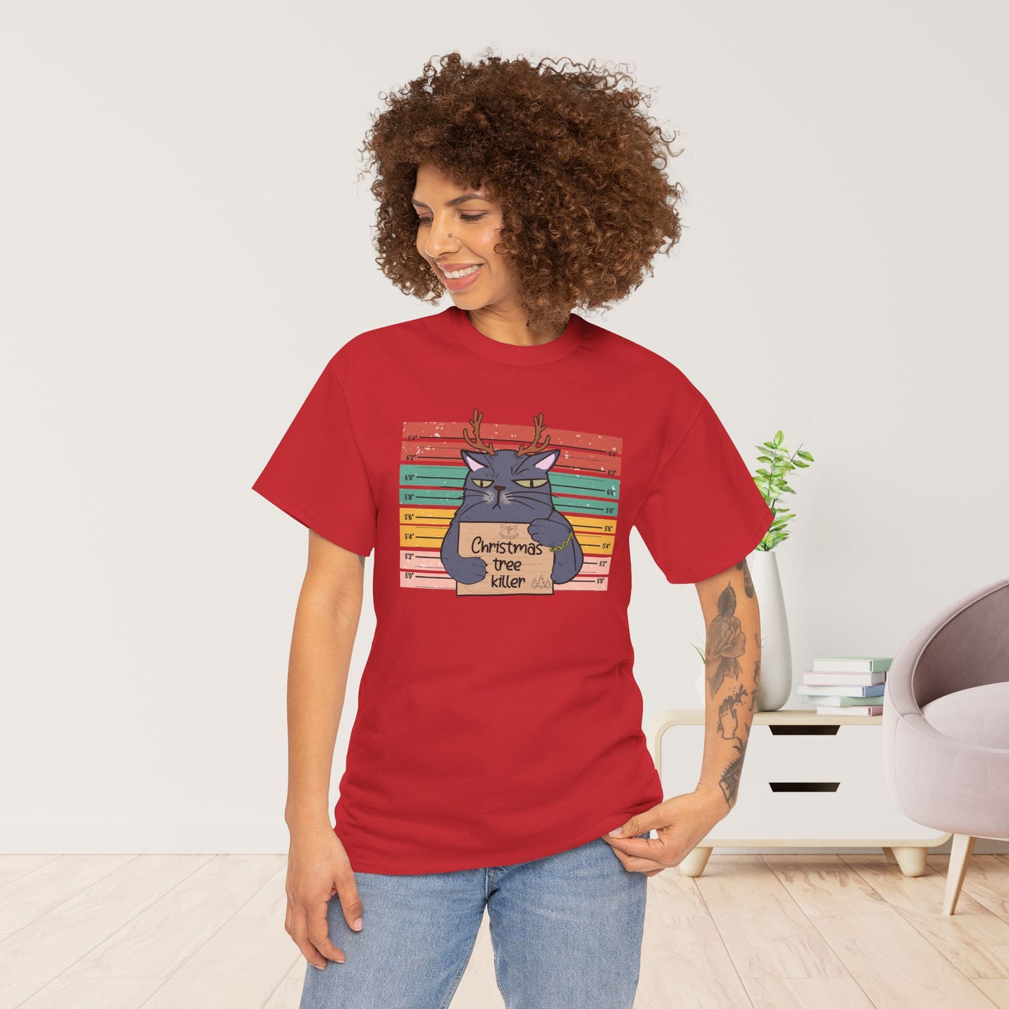 Christmas Tree Killer Funny Cat Christmas Heavy Cotton Tee - Cat Lovers Christmas Gift