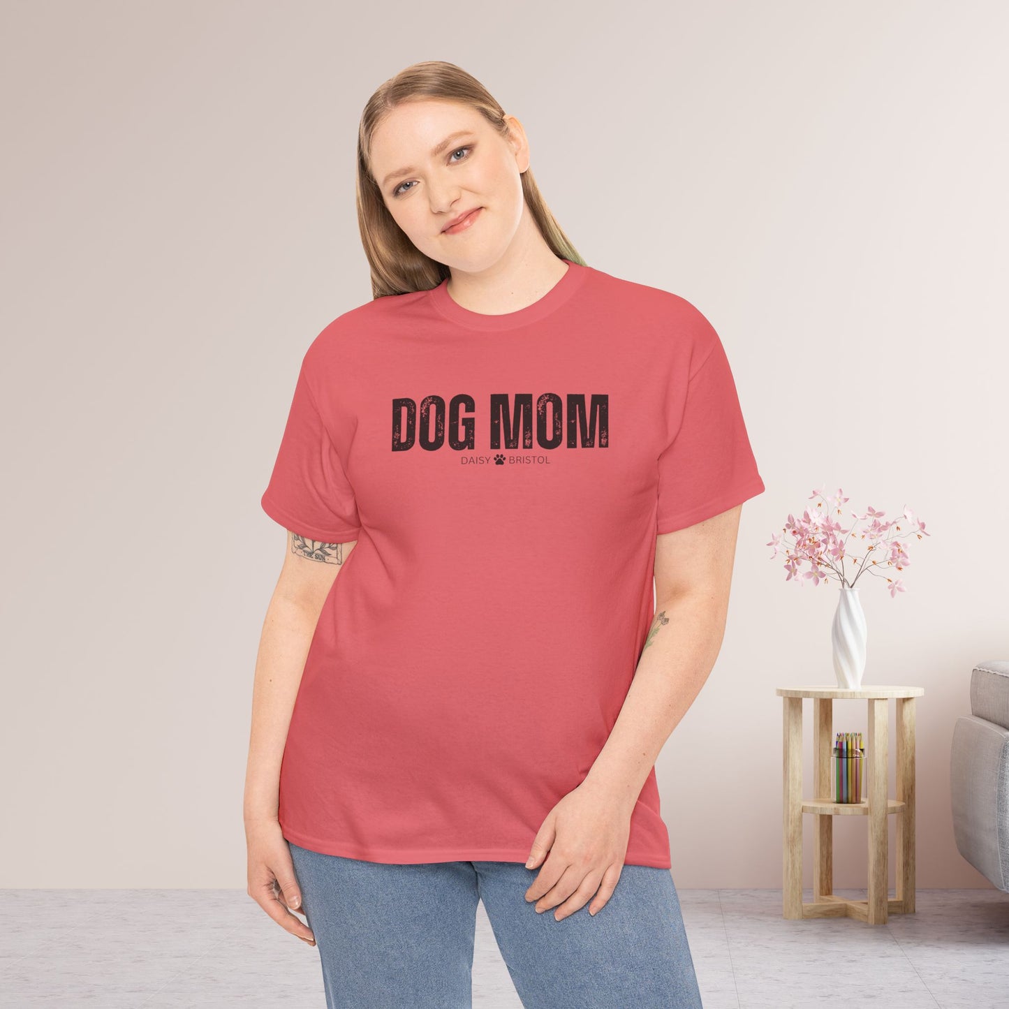 Custom Dog Mom Heavy Cotton Tee with Dogs Name - Personalized Dog Lover Gift
