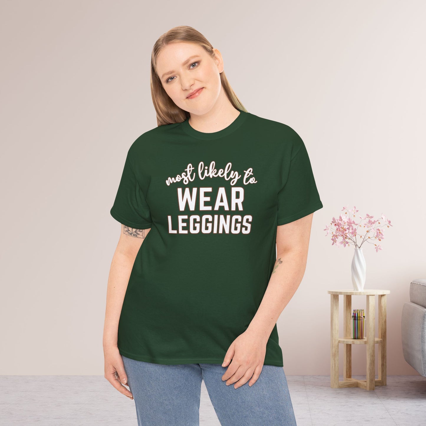 Funny Thanksgiving Shirt - Most Likely To Wear Leggings Heavy Cotton Tee