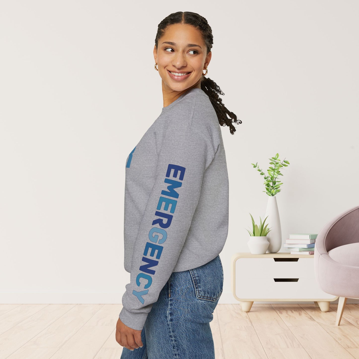 Trendy Blue ER Sweatshirt with Sleeve Print - Emergency Room Crewneck