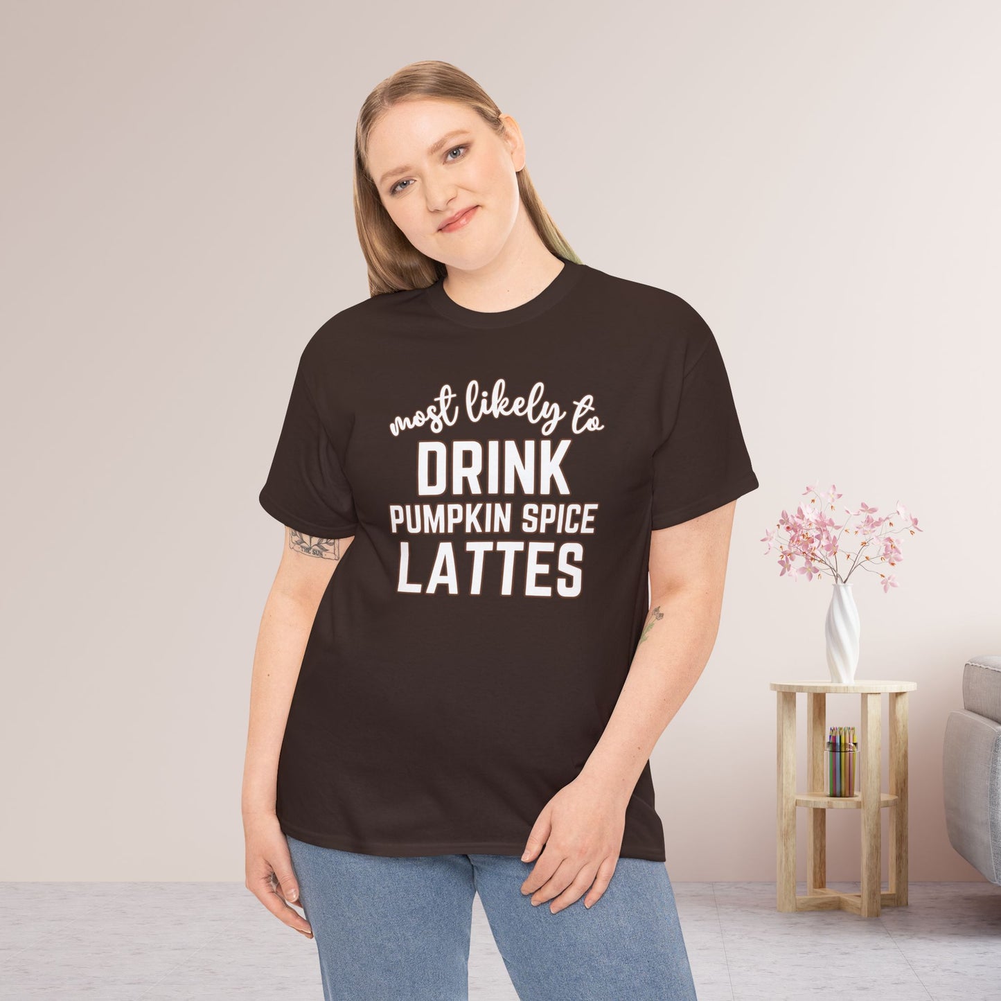 Funny Thanksgiving Shirt - Most Likely to Drink Pumpkin Spice Lattes Heavy Cotton Tee