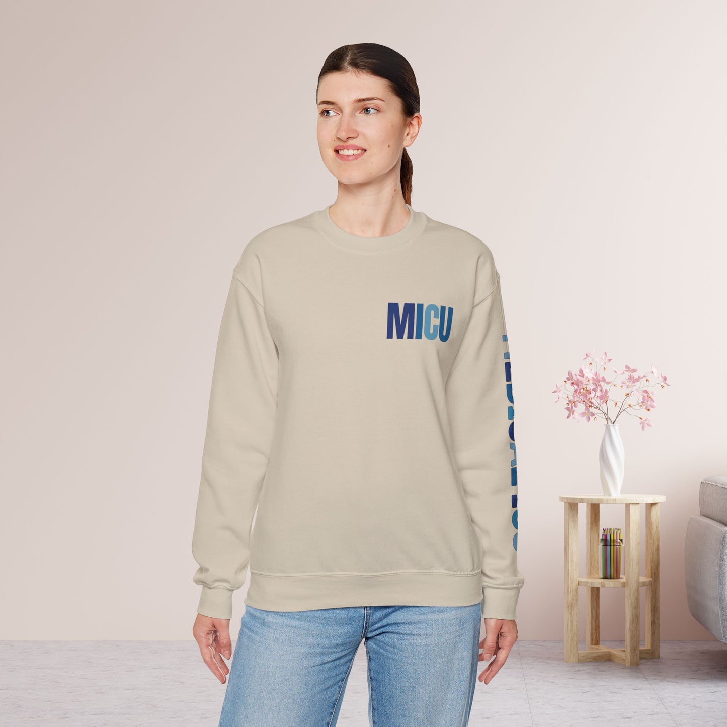 Trendy Blue MICU Sweatshirt with Sleeve Print - Medical ICU Crewneck