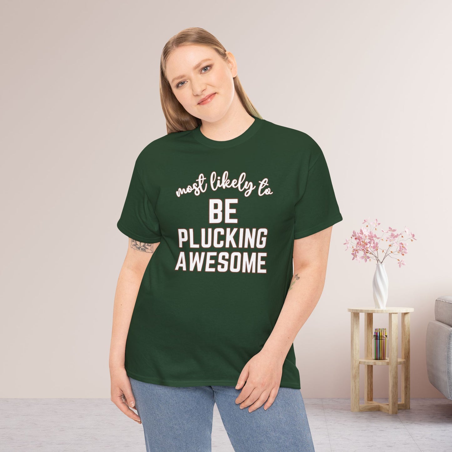 Funny Thanksgiving Shirt - Most Likely to Be Plucking Awesome Heavy Cotton Tee