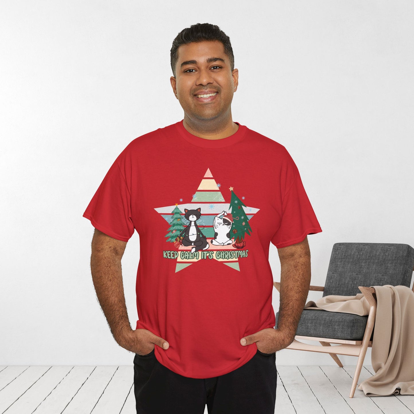 Keep Calm It's Christmas Funny Cat Christmas Heavy Cotton Tee - Cat Lovers Christmas Gift