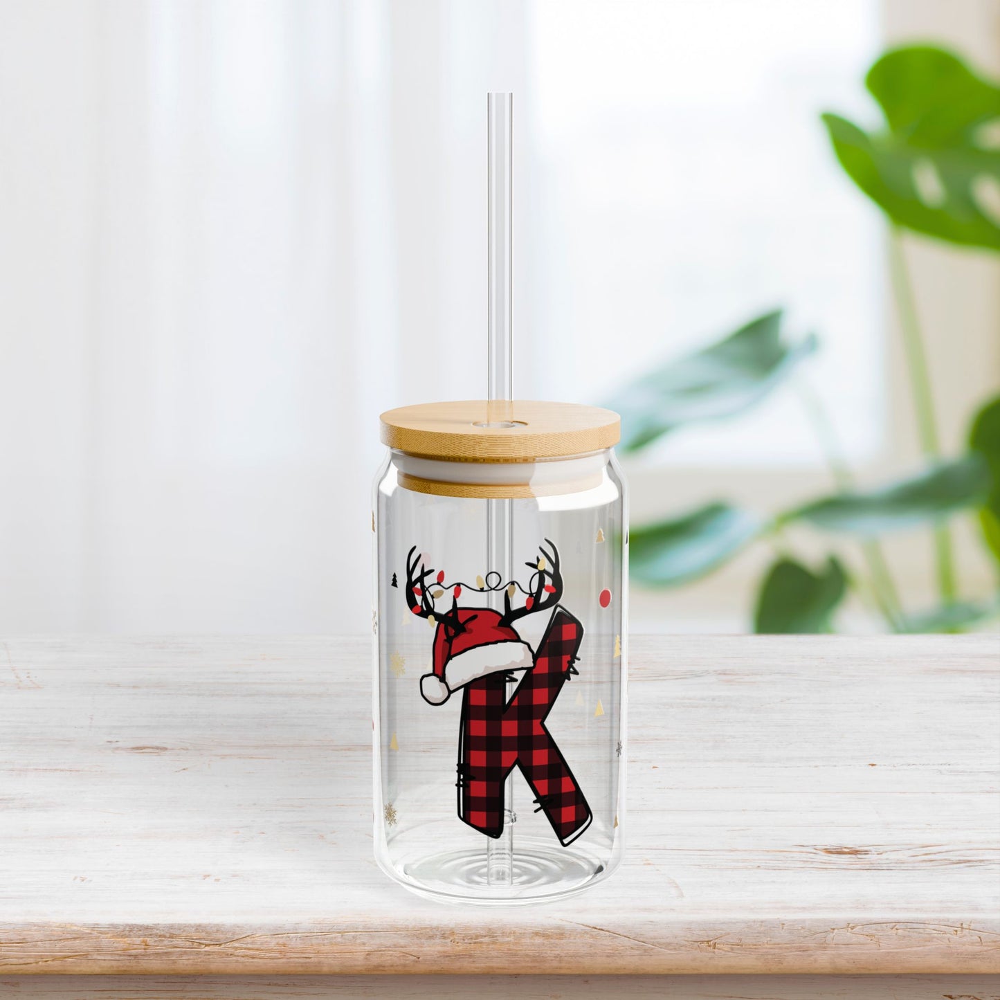 Personalized Christmas Plaid Monogrammed Sipper Glass - Custom Christmas Initial Gifts