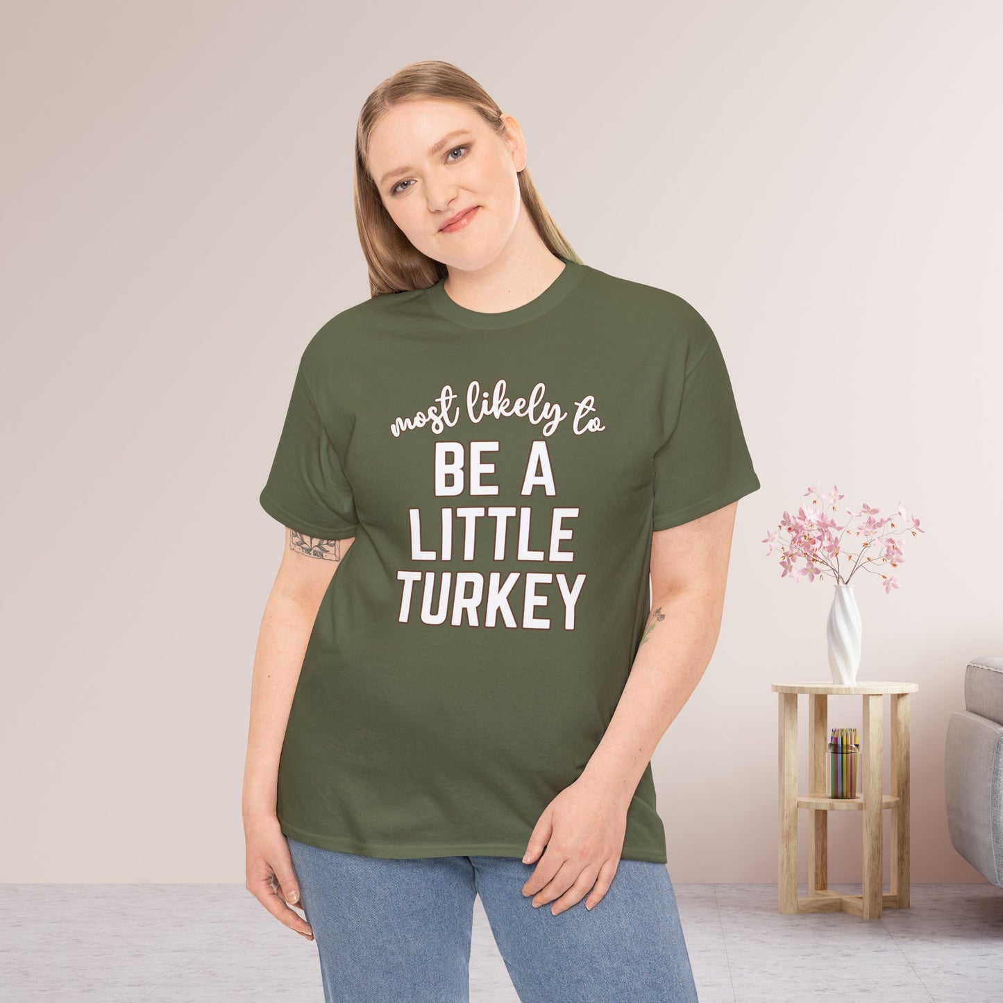 Funny Thanksgiving Shirt - Most Likely To Be a Little Turkey Heavy Cotton Tee