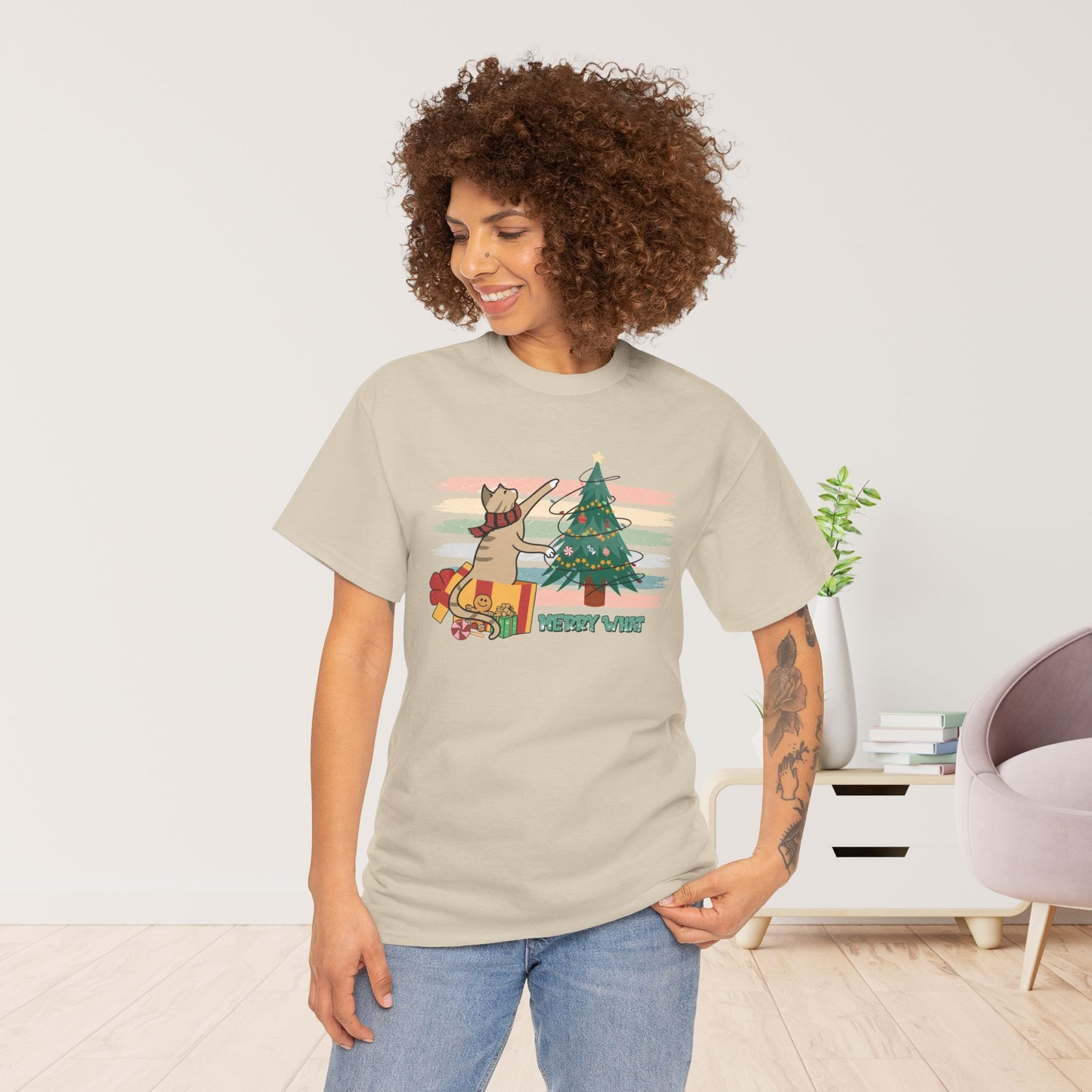 Merry What Funny Cat Christmas Heavy Cotton Tee - Cat Lovers Christmas Gift