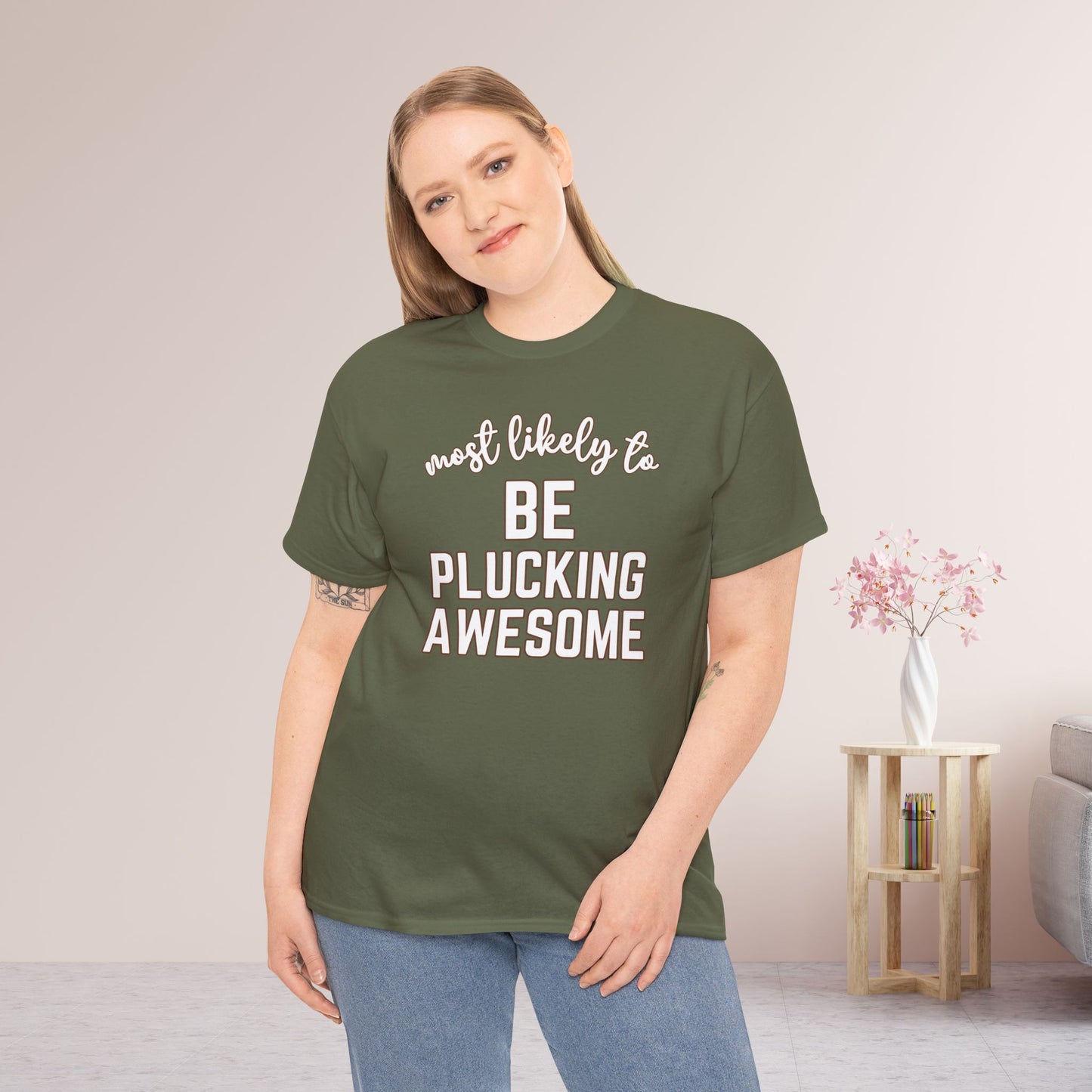 Funny Thanksgiving Shirt - Most Likely to Be Plucking Awesome Heavy Cotton Tee