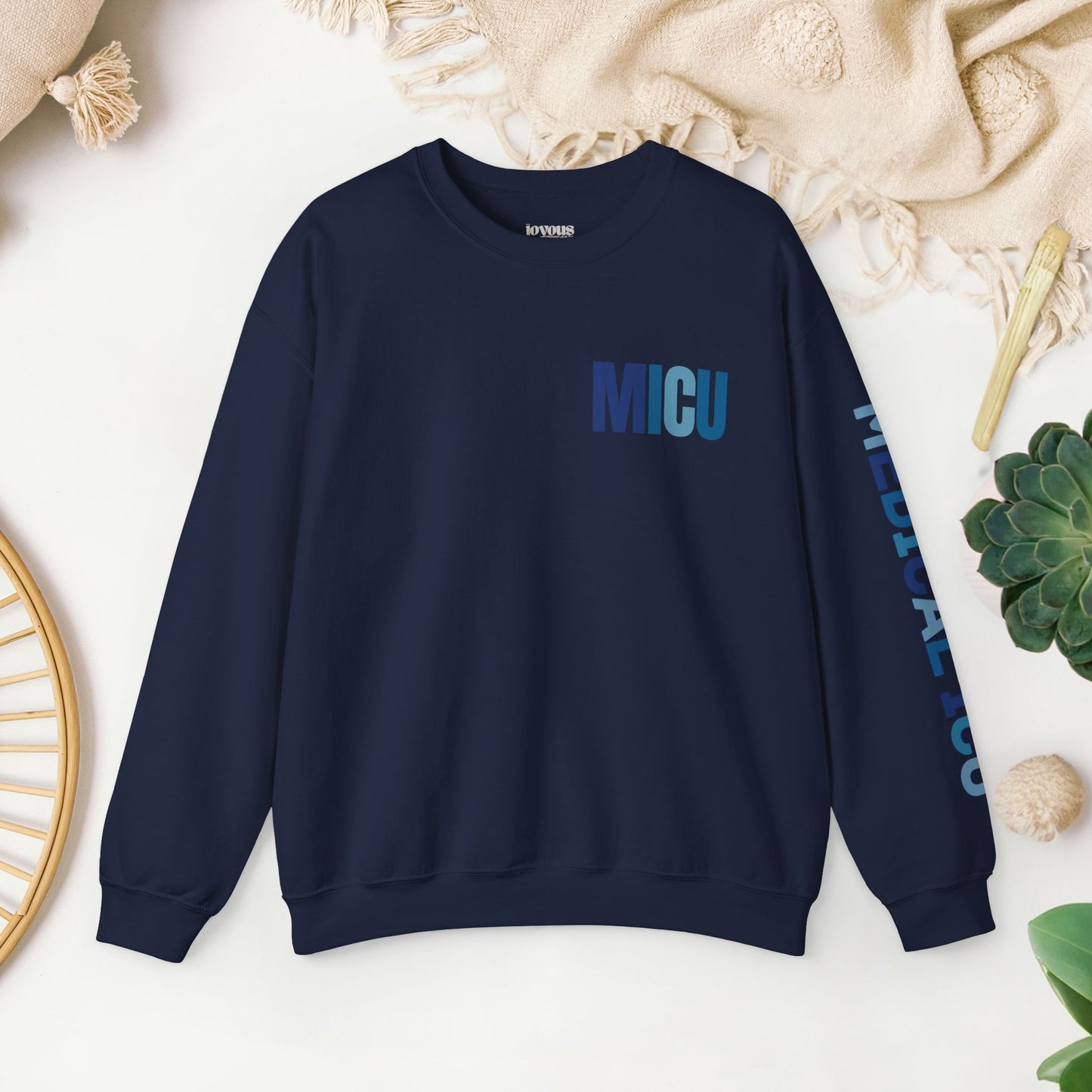 Trendy Blue MICU Sweatshirt with Sleeve Print - Medical ICU Crewneck