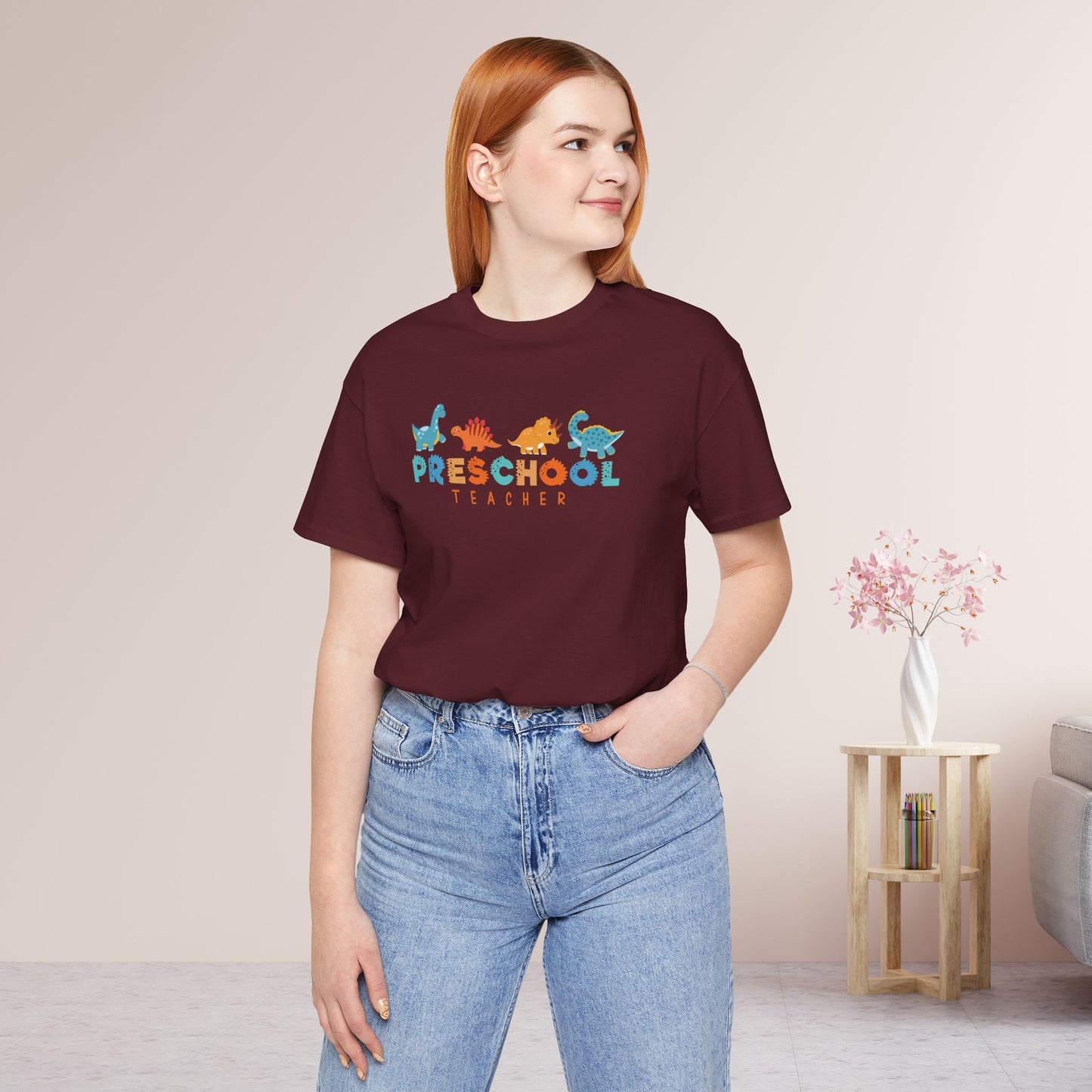 Preschool Teacher Soft Cotton Tee with Cute Dinosaurs