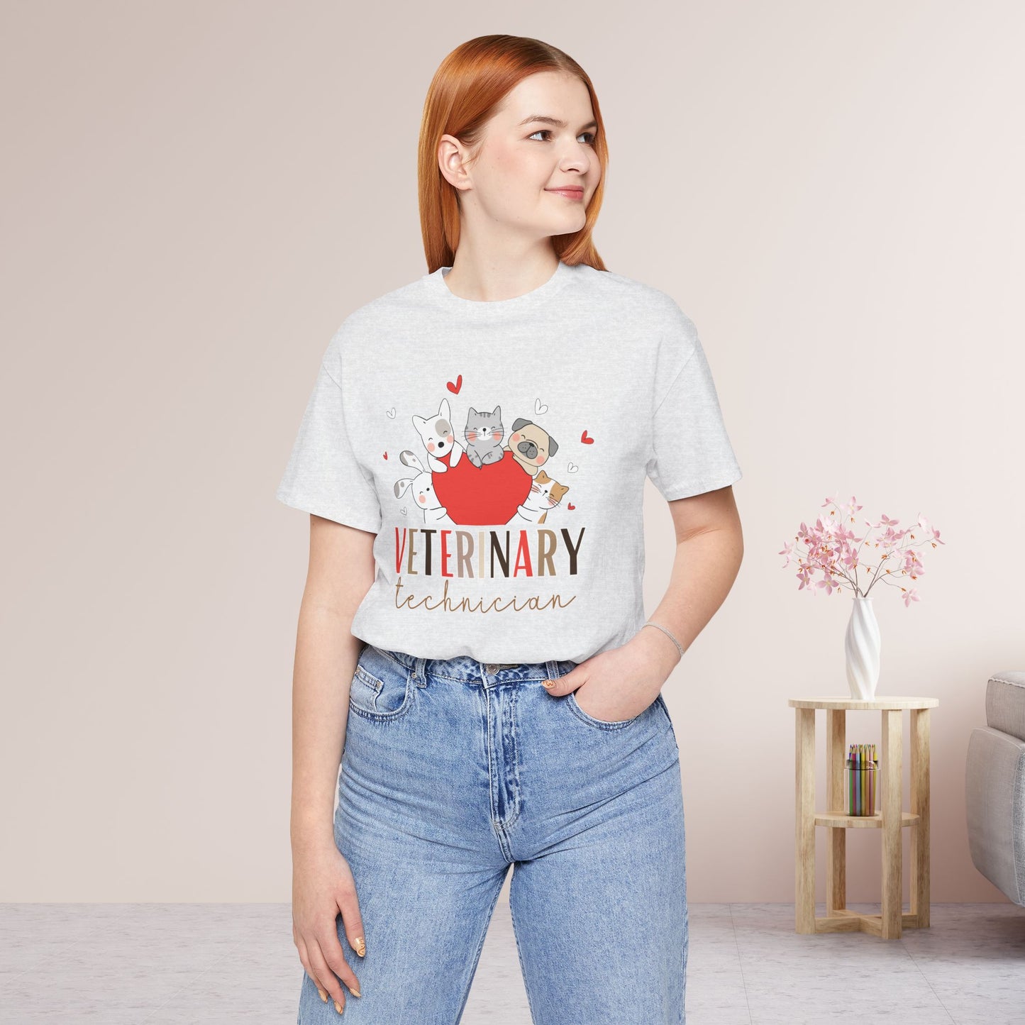 Cute Veterinary Technician Soft Cotton Tee with Dogs and Cats for VET Technician