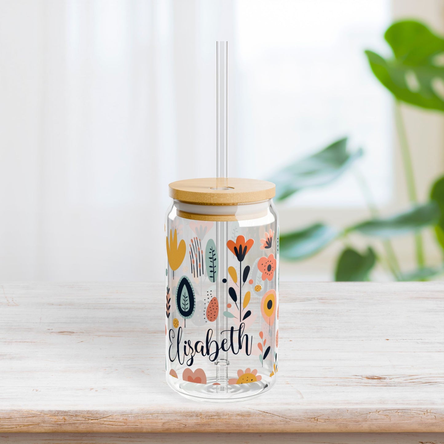 Boho Personalized Floral Sipper Glass with First Name - Custom Name Gifts A-Z