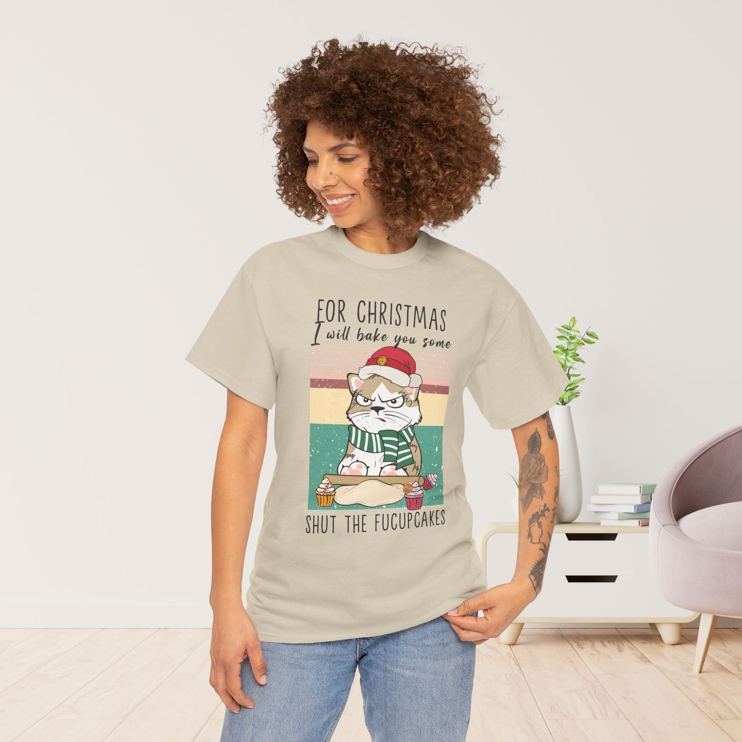 For Christmas I Will Bake You Some Shut The Fucupcakes Funny Cat Christmas Heavy Cotton Tee - Cat Lovers Christmas Gift