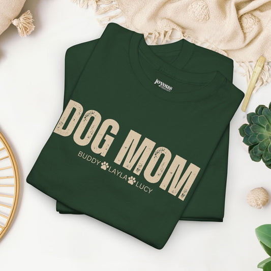 Custom Dog Mom Heavy Cotton Tee with Dogs Name - Personalized Dog Lover Gift