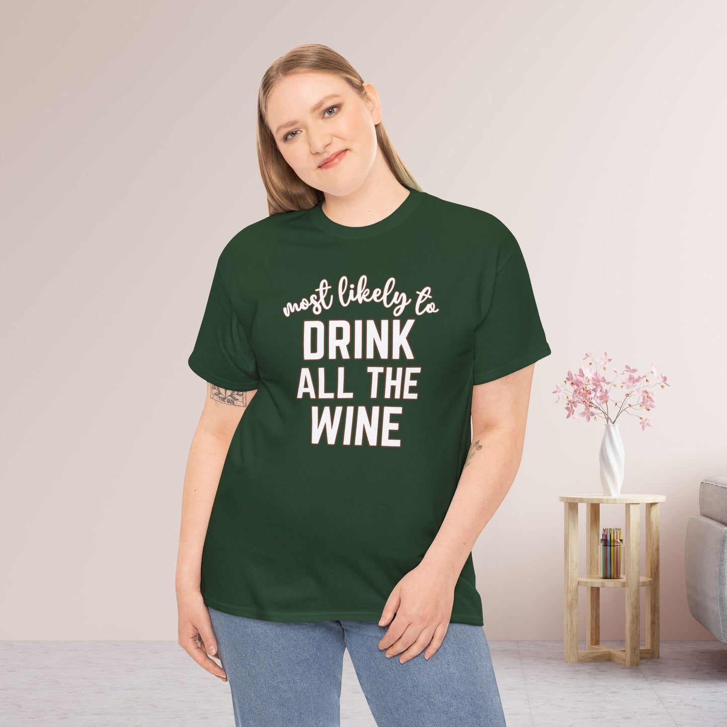 Funny Thanksgiving Shirt - Most Likely to Drink All The Wine Heavy Cotton Tee