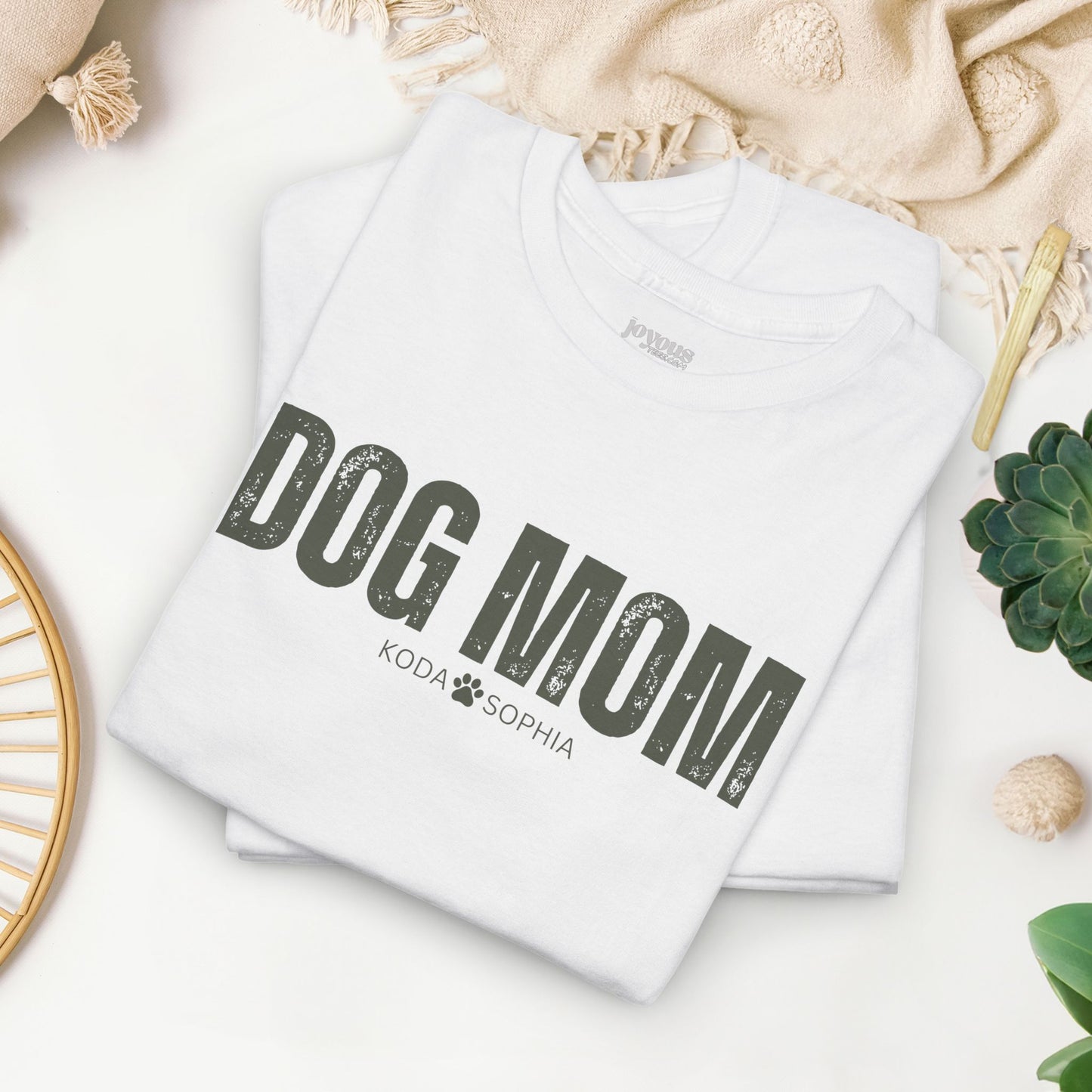 Custom Dog Mom Heavy Cotton Tee with Dogs Name - Personalized Dog Lover Gift