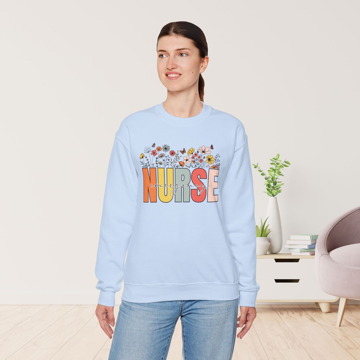 ER Nurse Sweatshirt with Spring Flowers for Emergency Room Nurse