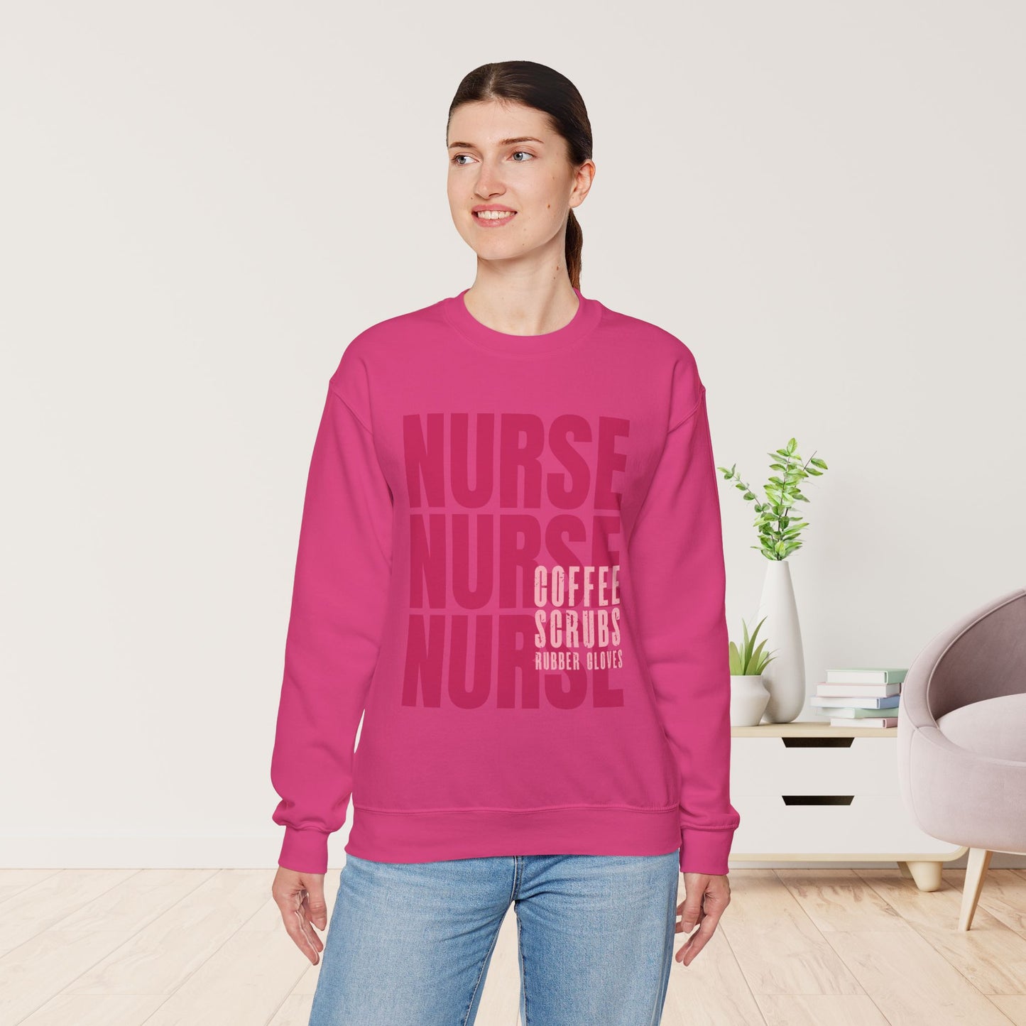 Pink Nurse Sweatshirt - Coffee Scrubs Rubber Gloves Shirt