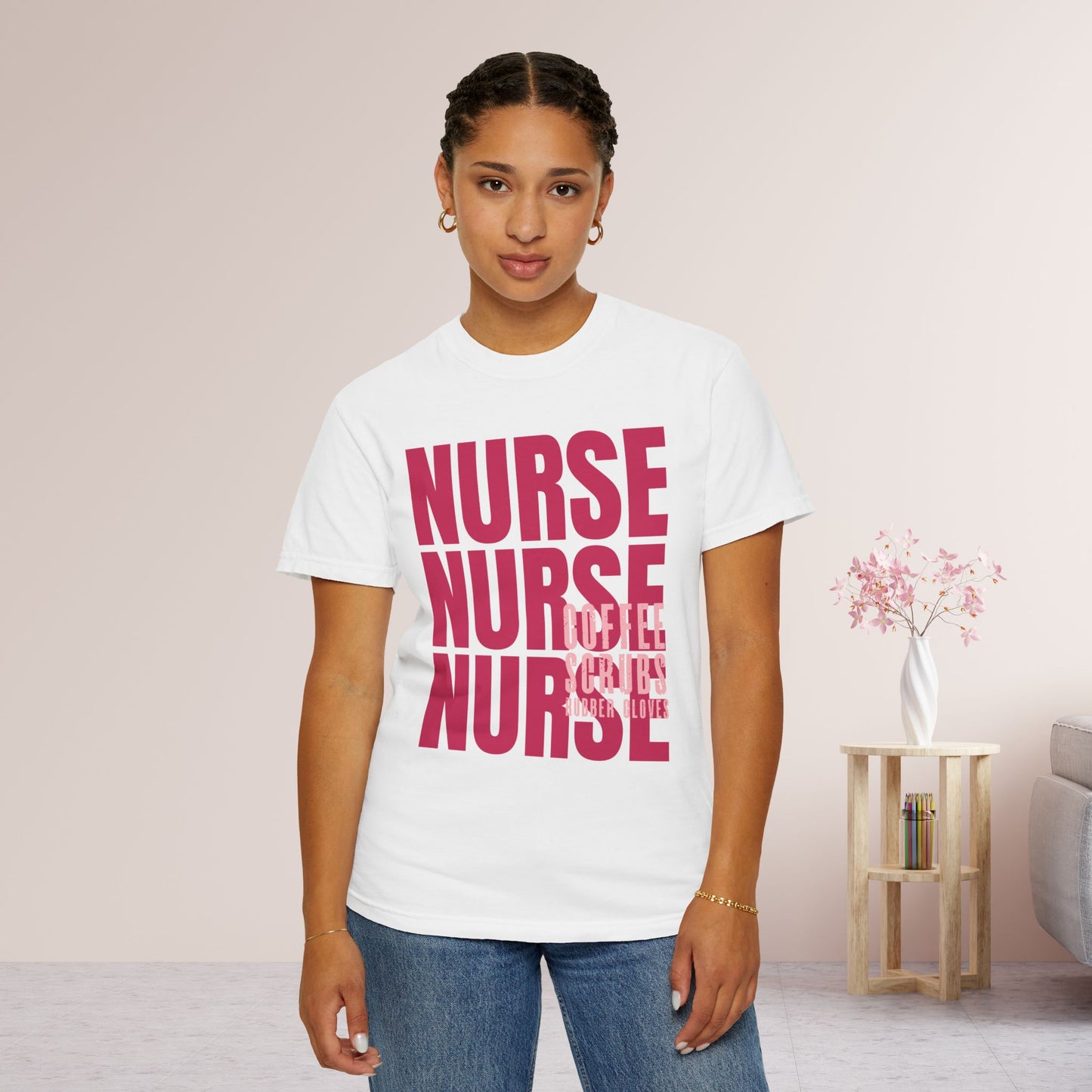 Pink Comfort Colors Nurse Shirt - Coffee Scrubs Rubber Gloves Shirt