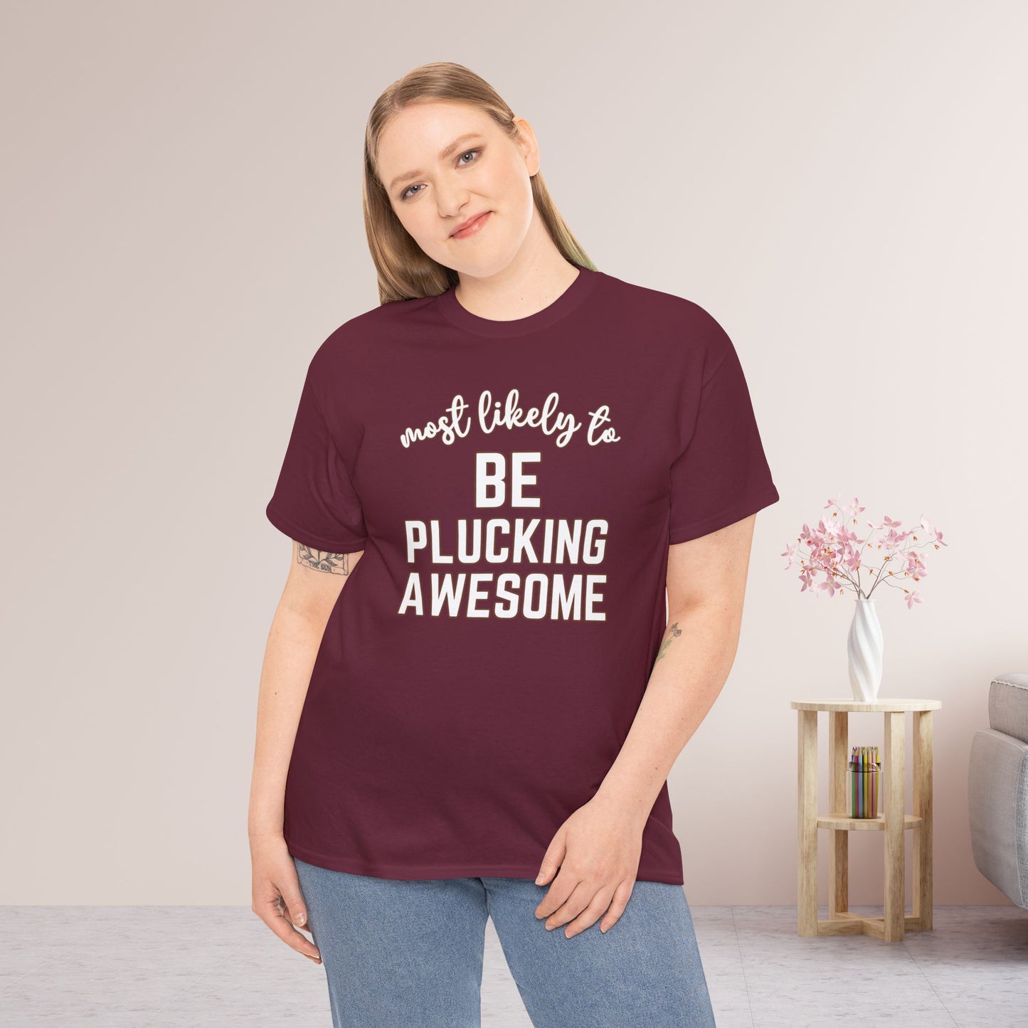 Funny Thanksgiving Shirt - Most Likely to Be Plucking Awesome Heavy Cotton Tee