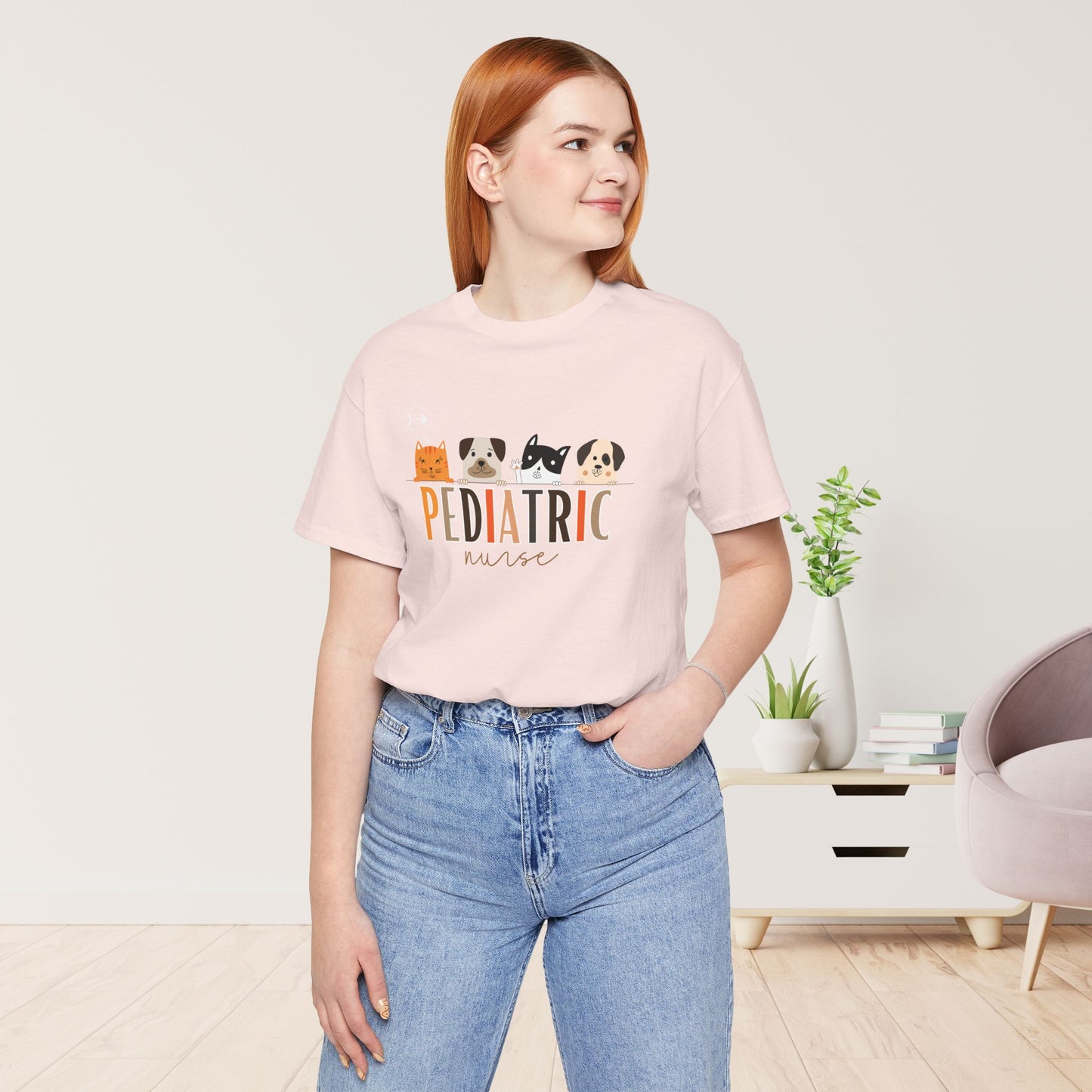 Cute Pediatric Nurse Soft Cotton Tee with Dogs and Cats for PEDS Nurse