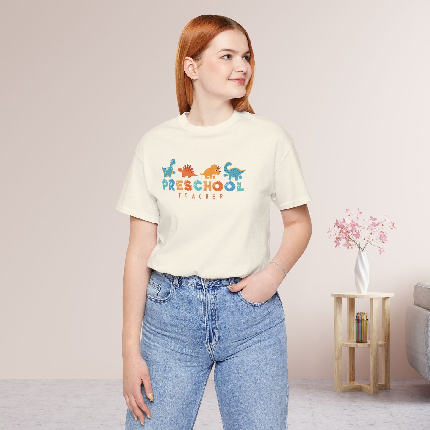 Preschool Teacher Soft Cotton Tee with Cute Dinosaurs