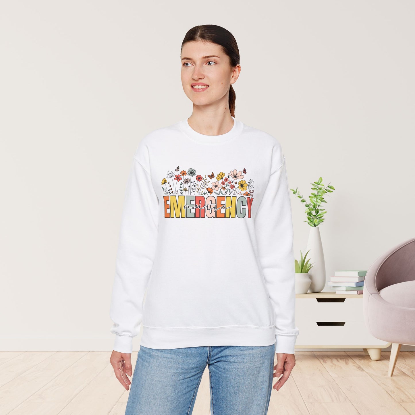 Emergency Nurse Sweatshirt with Spring Flowers for ER Nurse