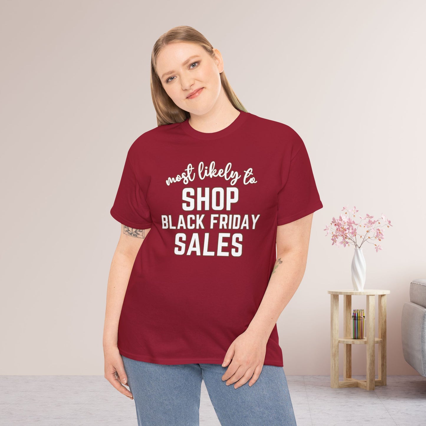 Funny Thanksgiving Shirt - Most Likely To Shop Black Friday Sales Heavy Cotton Tee