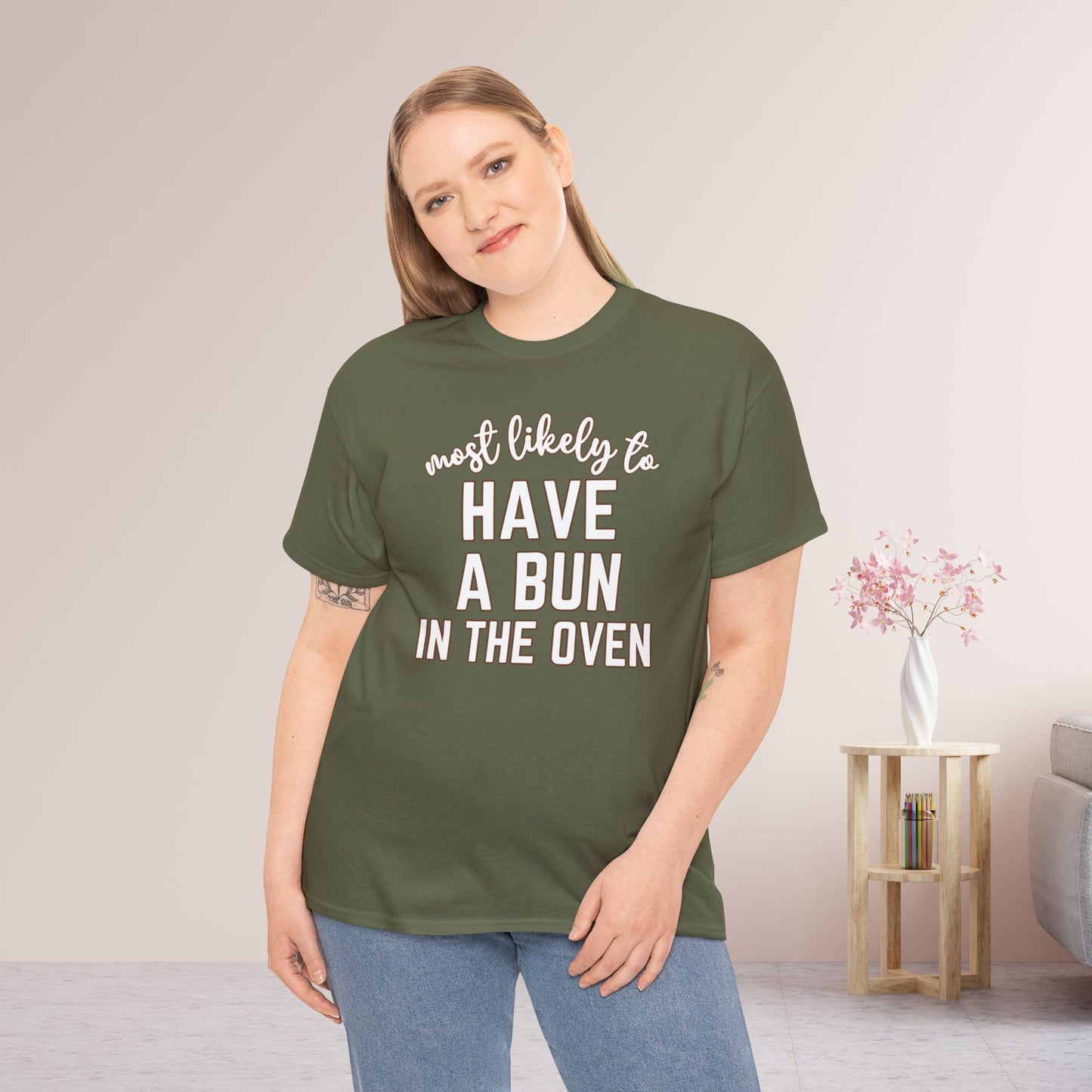 Funny Thanksgiving Shirt - Most likely to Have a Bun in The Oven Heavy Cotton Tee