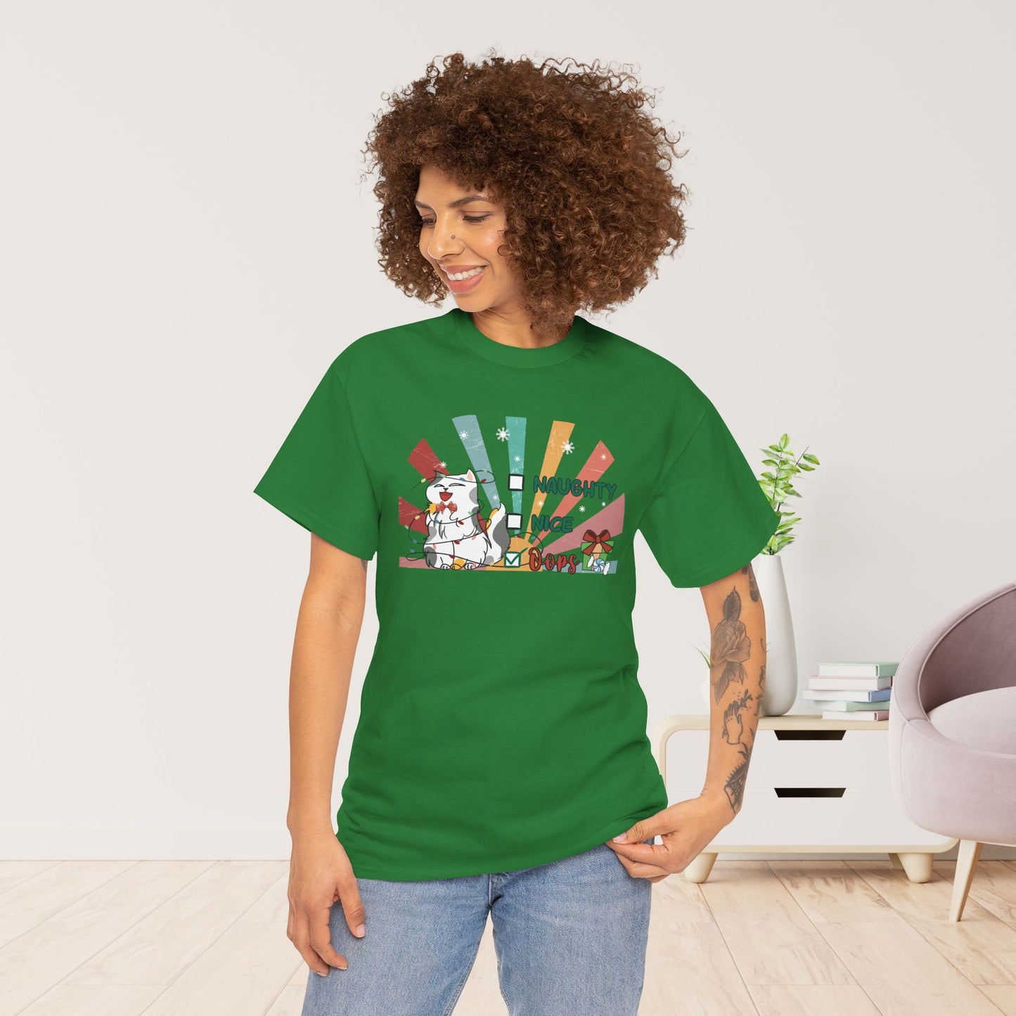 Naughty Nice Oops Funny Cat Christmas Heavy Cotton Tee - Cat Lovers Christmas Gift