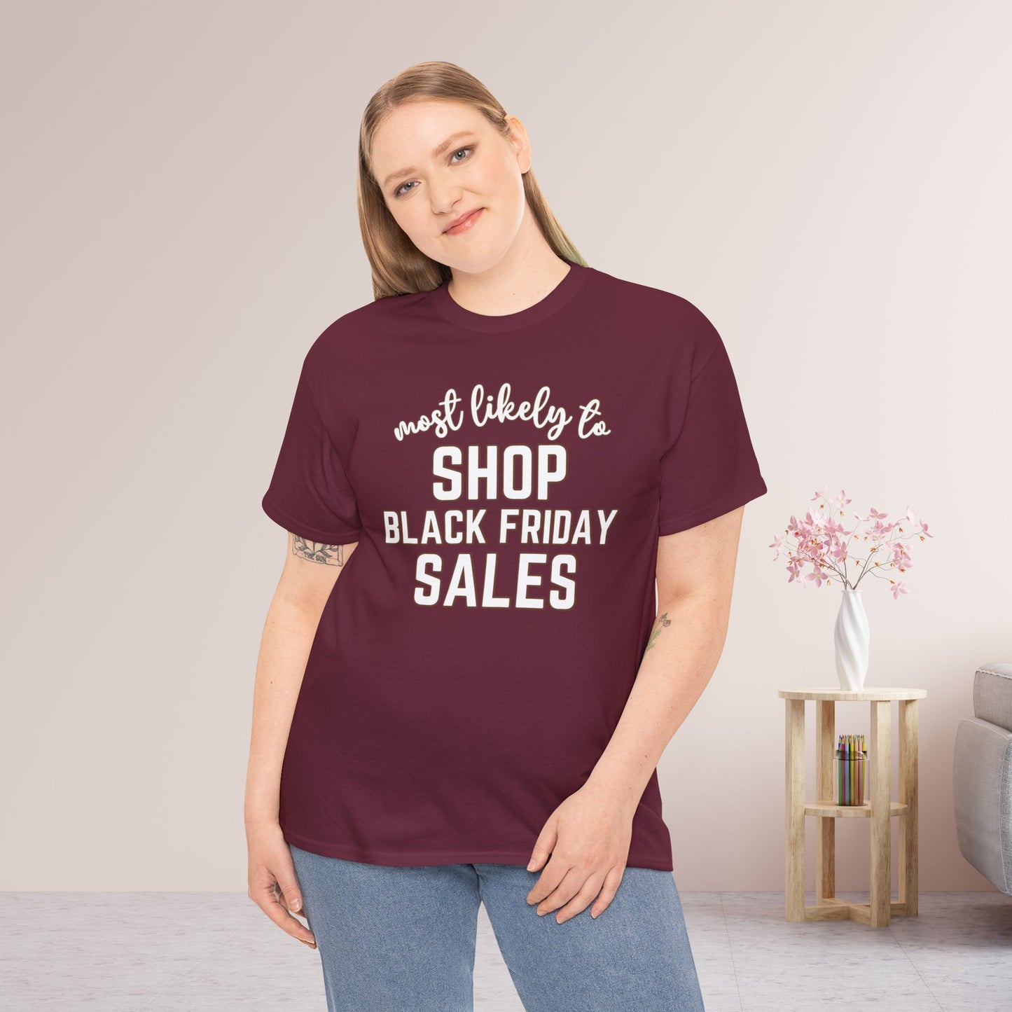 Funny Thanksgiving Shirt - Most Likely To Shop Black Friday Sales Heavy Cotton Tee