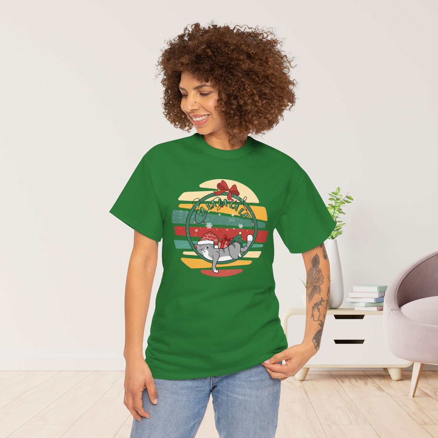 Fa La La La La Funny Cat Christmas Heavy Cotton Tee - Cat Lovers Christmas Gift