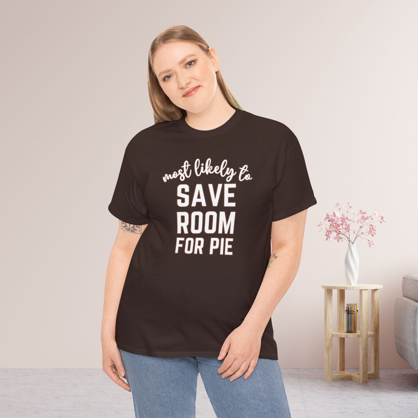 Funny Thanksgiving Shirt - Most Likely To Save Room for Pie Heavy Cotton Tee