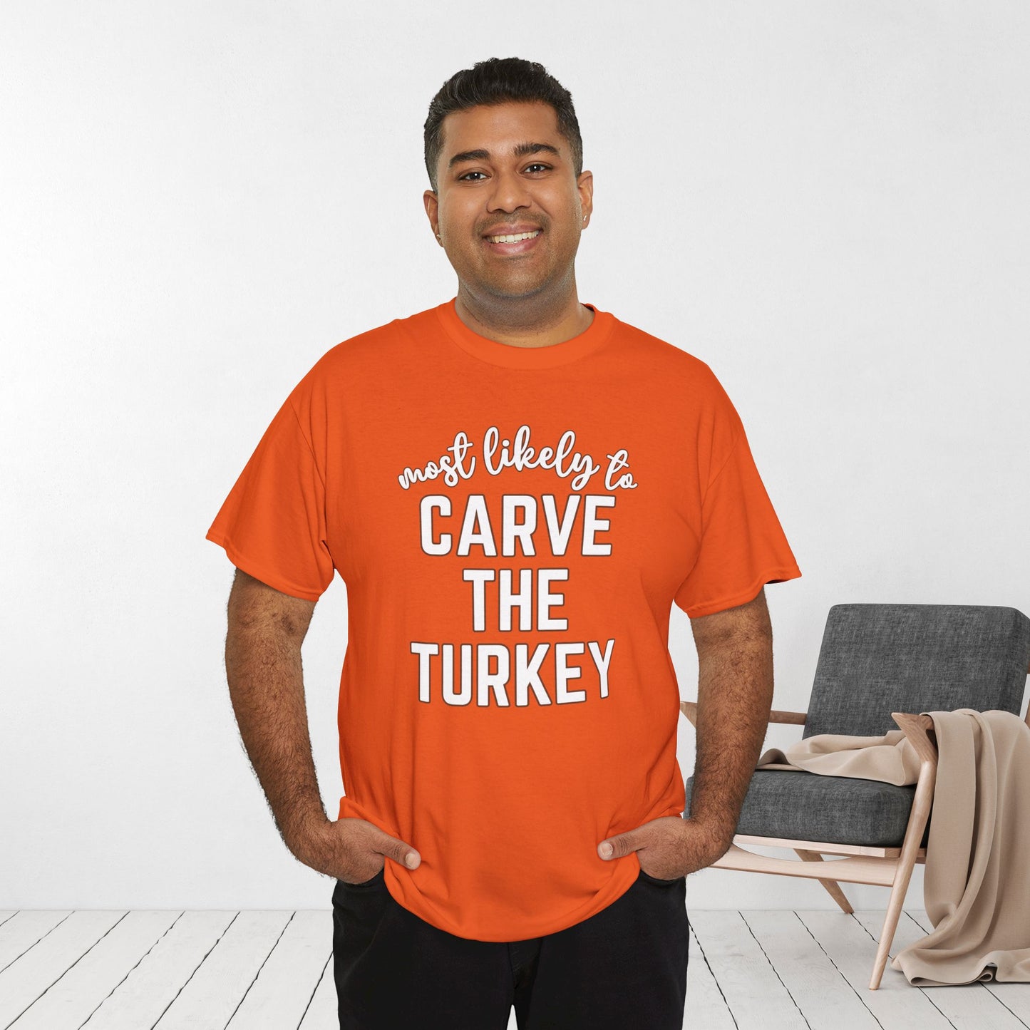 Funny Thanksgiving Shirt - Most Likely To Carve the Turkey Heavy Cotton Tee